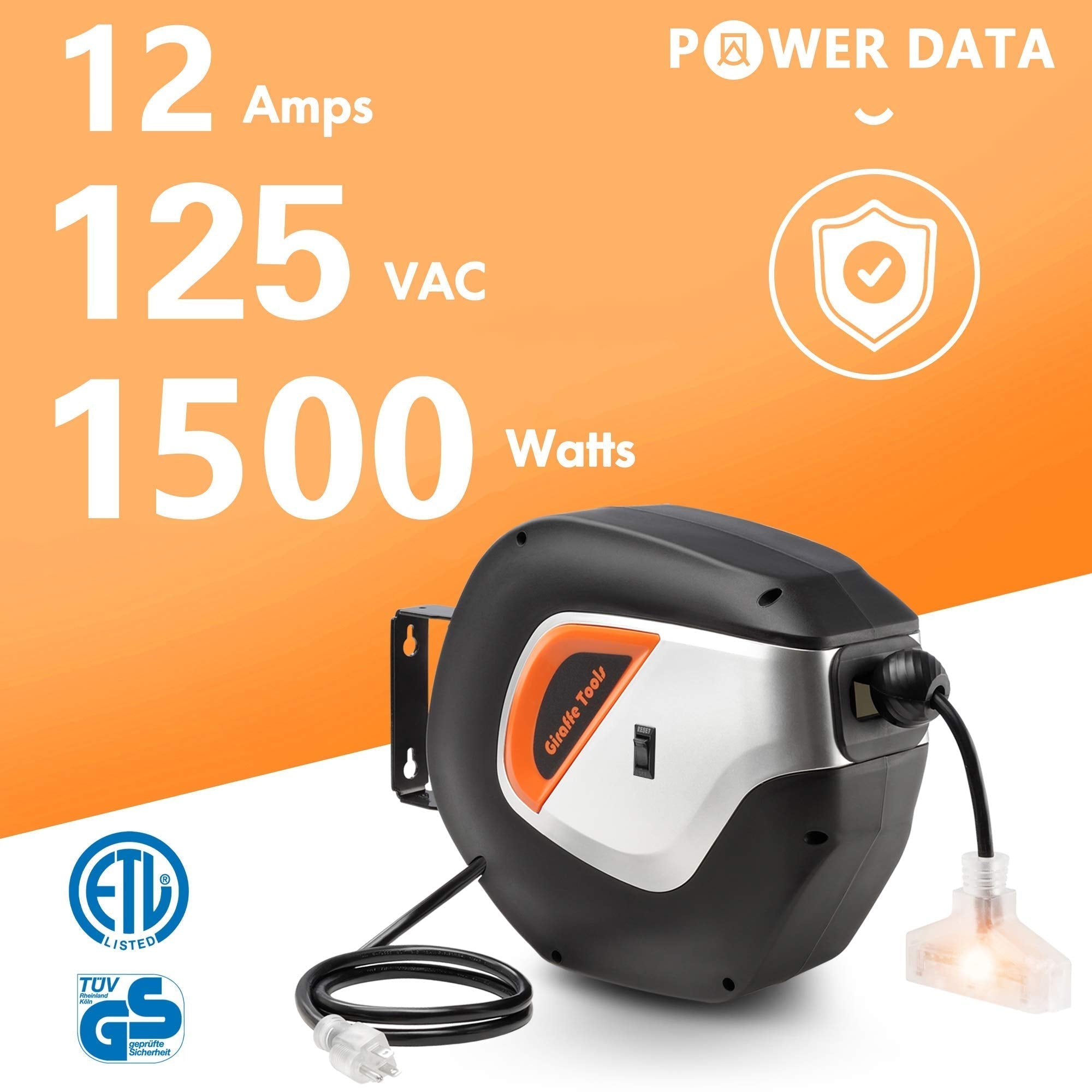 Retractable extension cord reel showing front casing, black with orange label and bundled cord.
