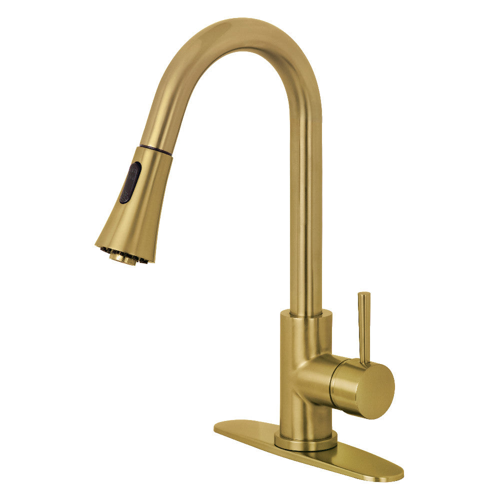 Brushed brass single-handle pull-down kitchen faucet with arched spout and sprayhead