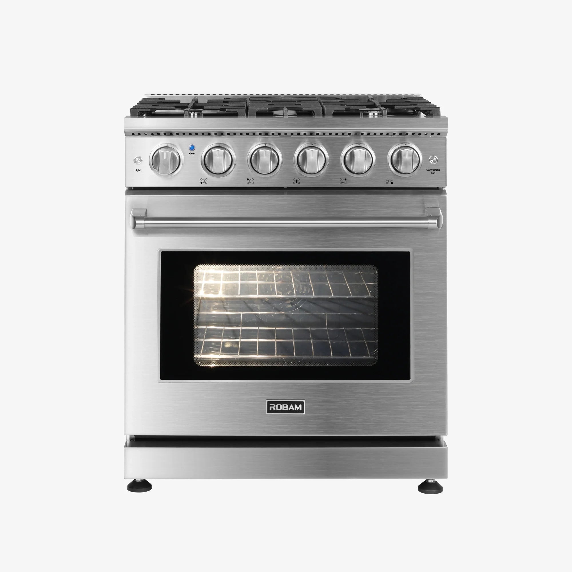 Stainless steel ROBAM 30-inch gas range with five burner knobs and oven window