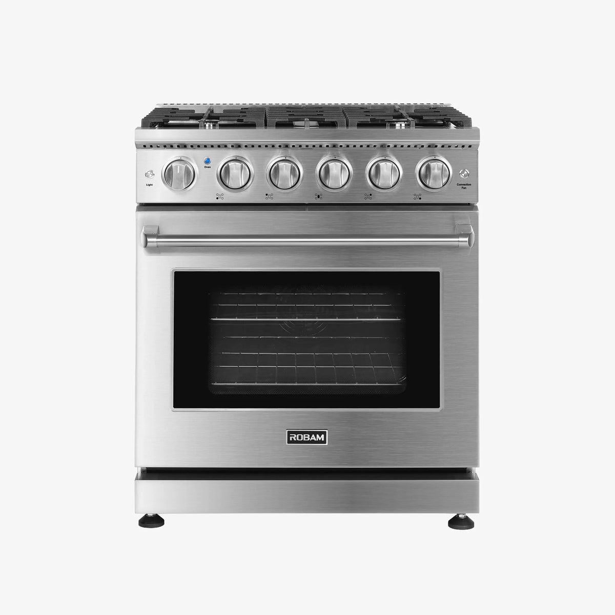 Stainless steel gas range with closed oven door and front burner control knobs