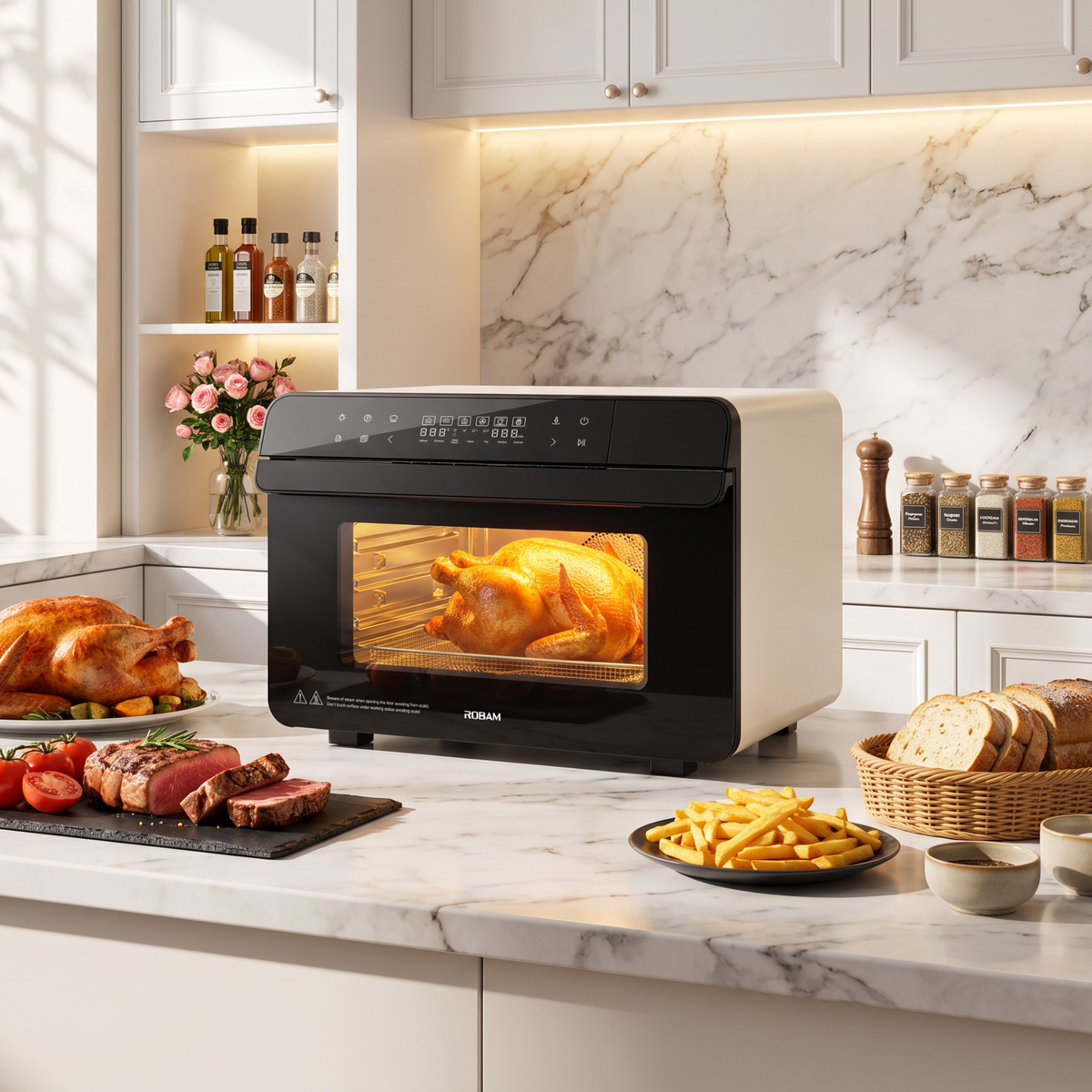 Cream white countertop combi steam oven baking a roast chicken inside