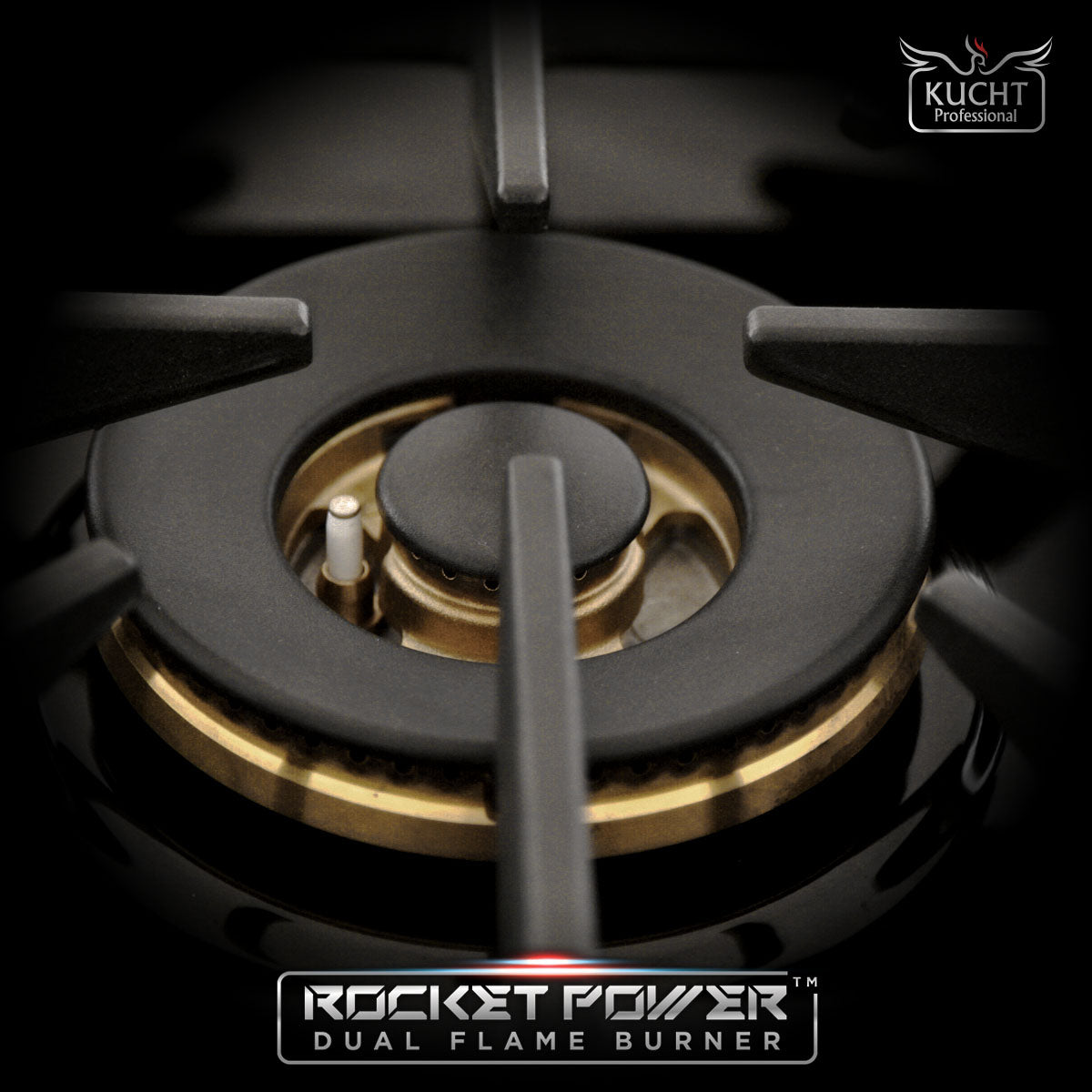 Close-up of dual flame gas burner with brass ports and ignition ring