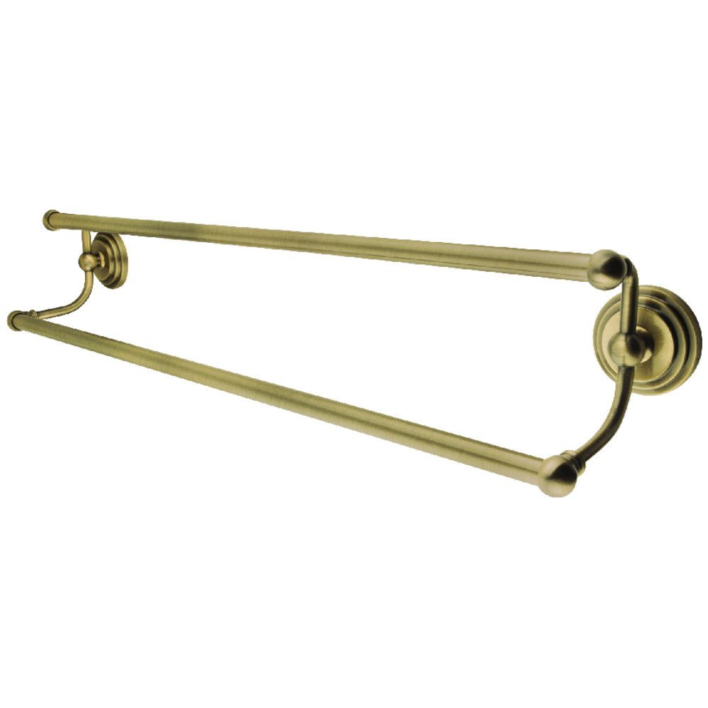 Antique brass 24-inch double towel bar with round wall mounts