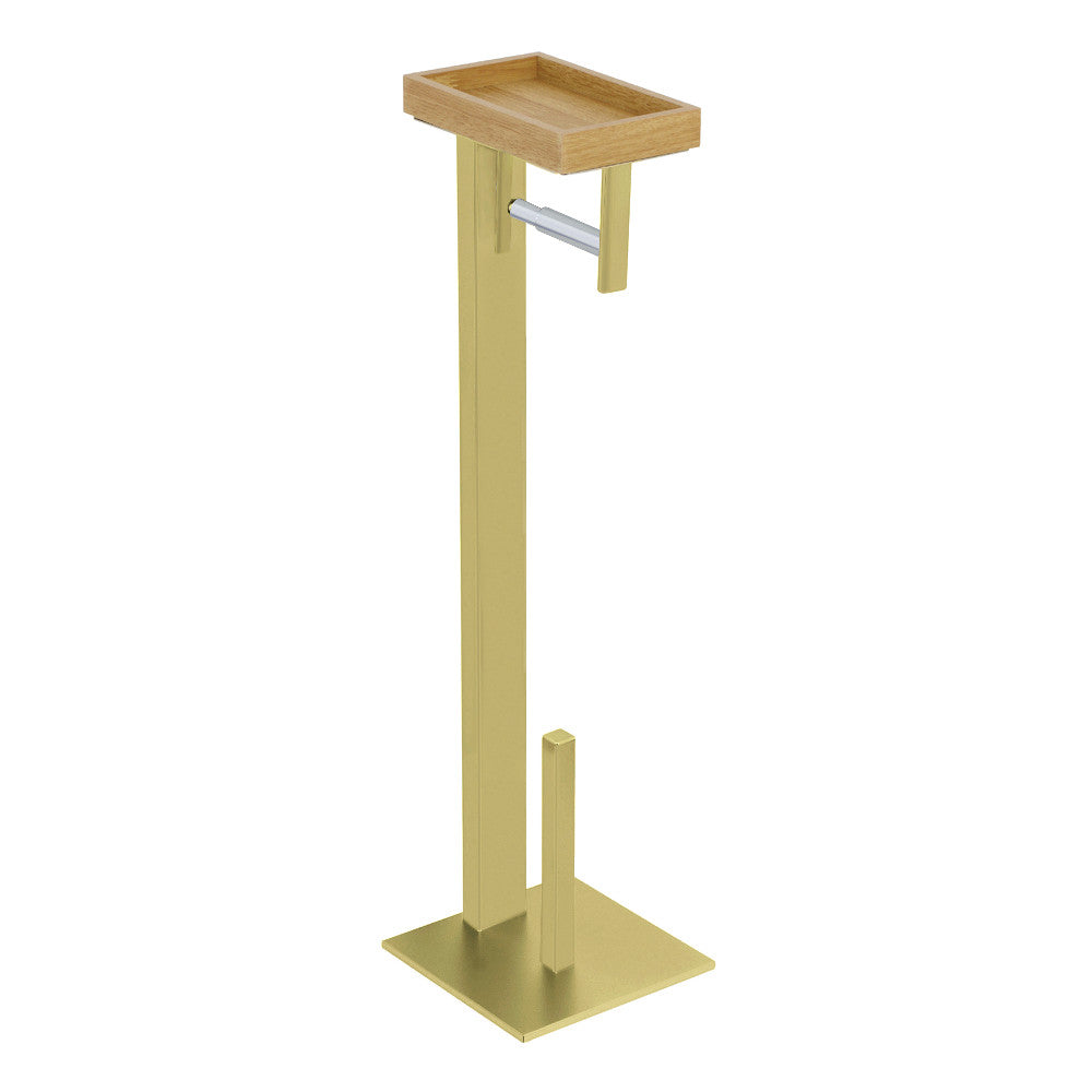 Freestanding brushed brass toilet paper holder with square base and top storage shelf