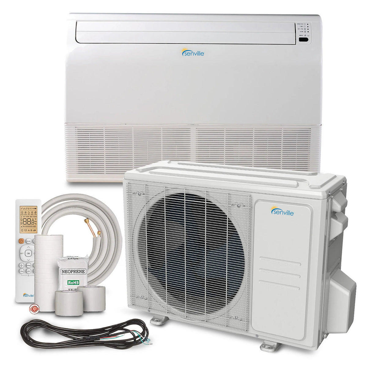 Ductless mini split heat pump kit with indoor air handler, outdoor unit, remote, and line set