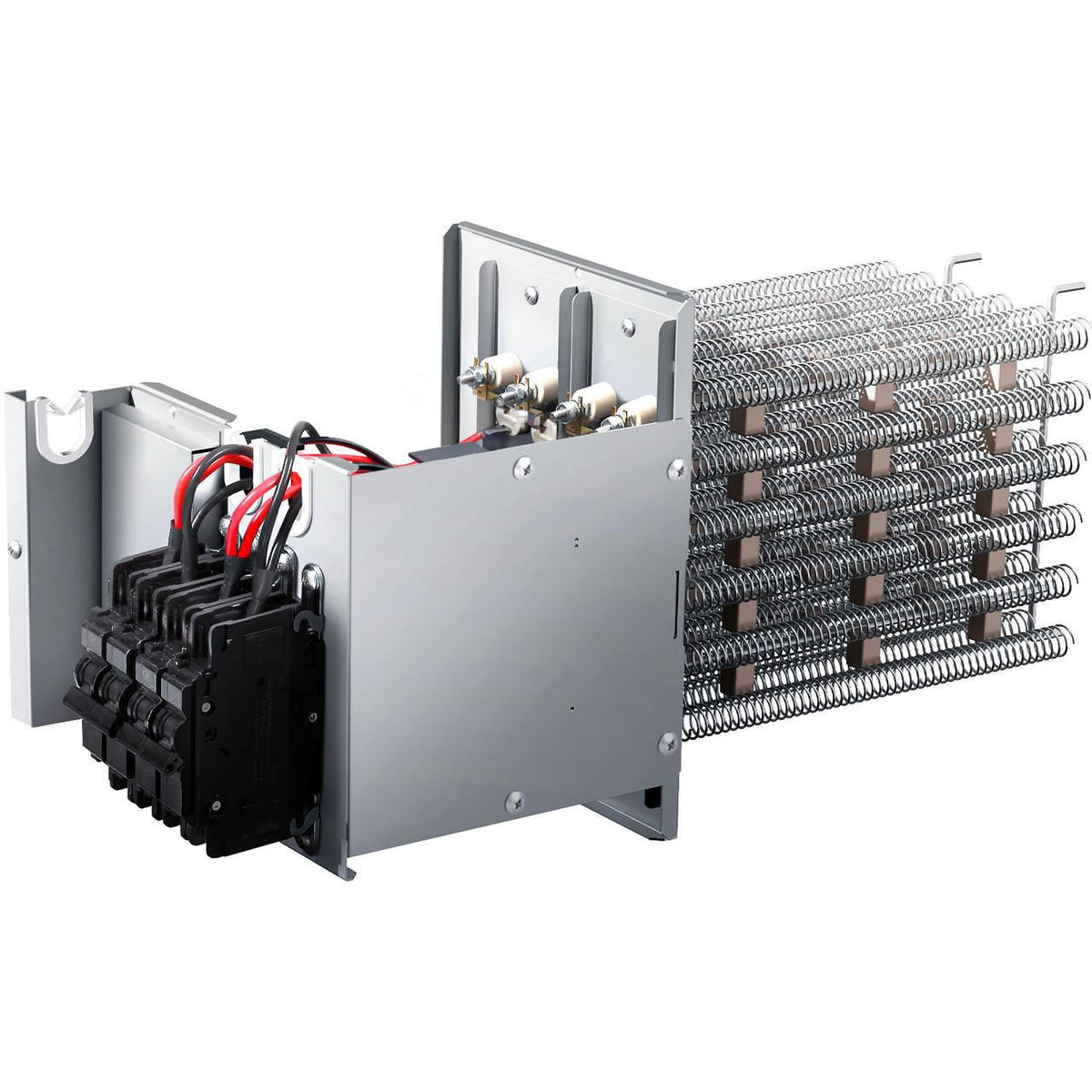 Auxiliary heater module with metal control box and multiple finned coiled heating elements