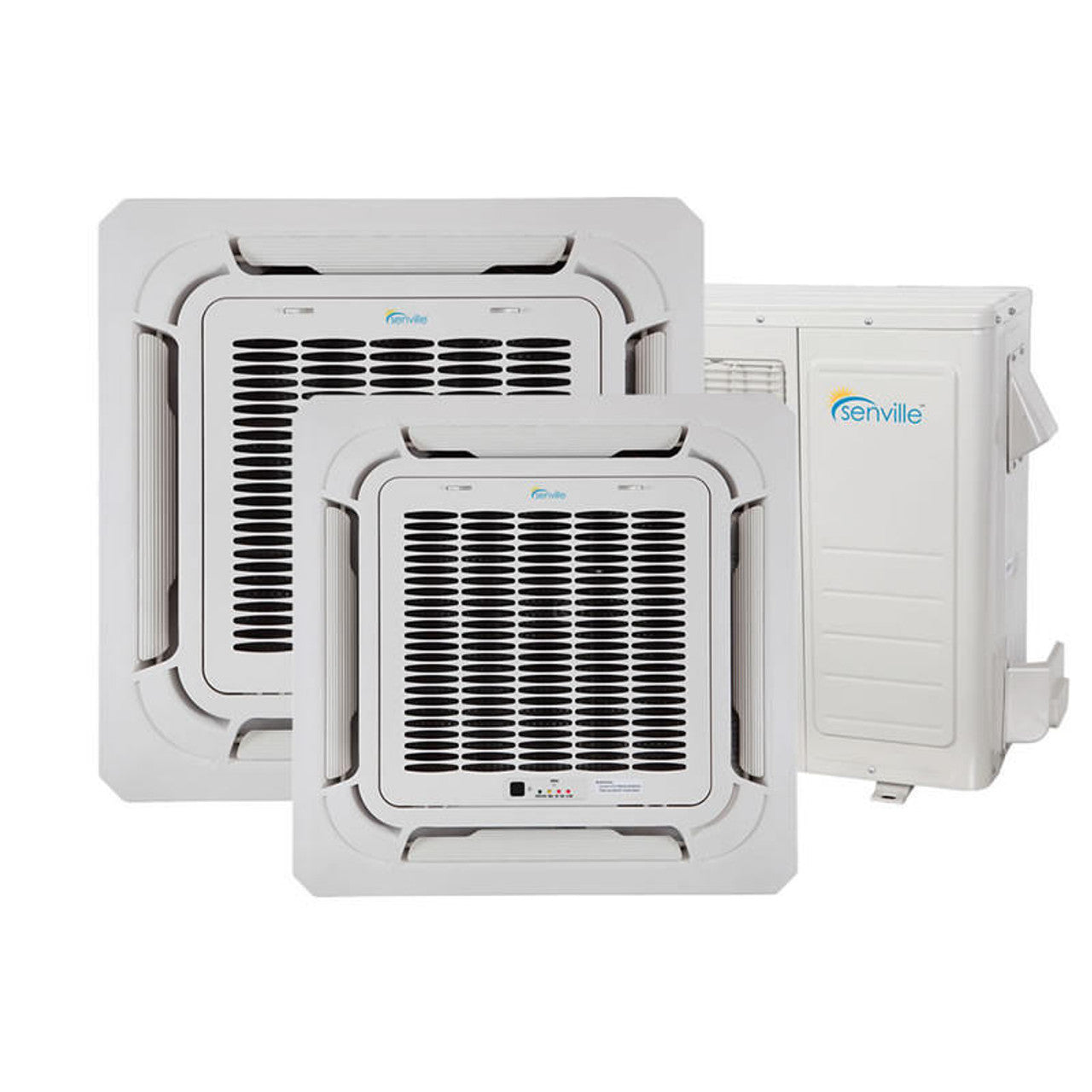 Two white ceiling cassette air handlers with front grilles and access panel