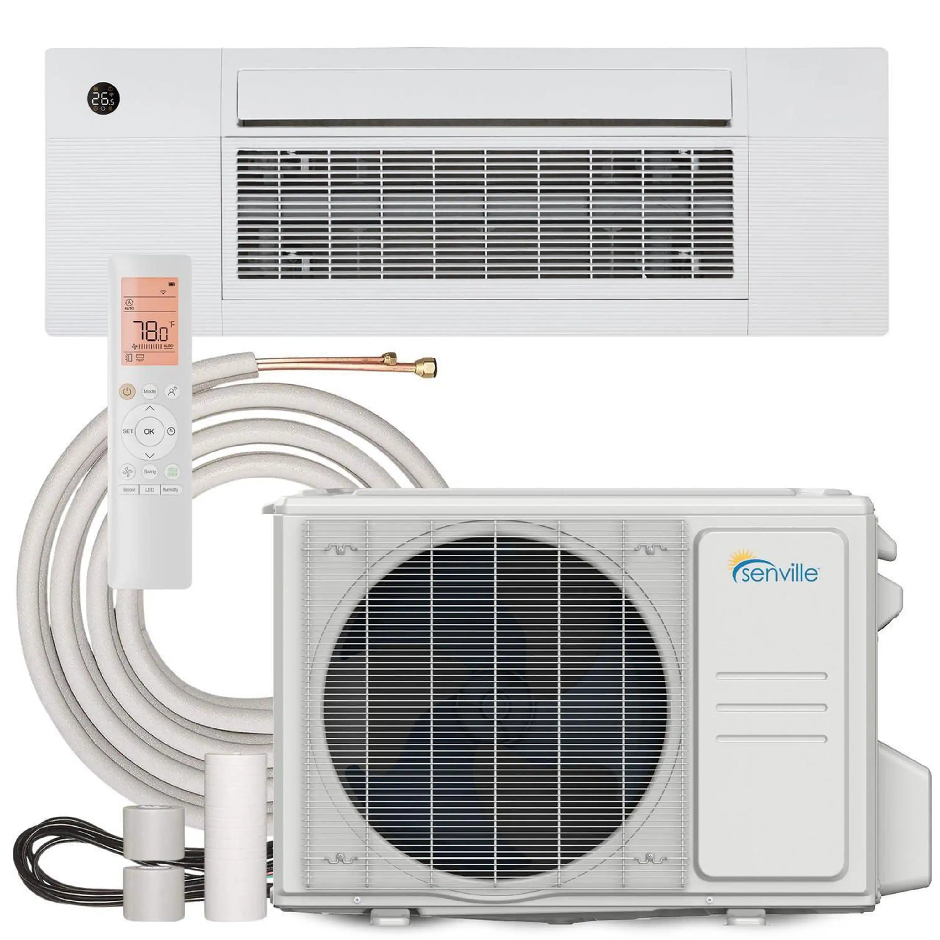 Ductless mini split system kit with ceiling cassette, outdoor condenser, remote, lines