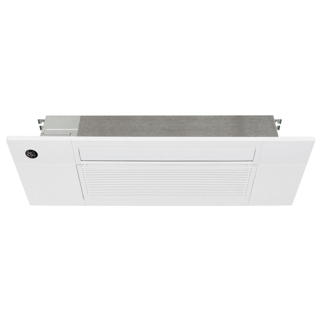 White one-way cassette air handler with front vent grille and gray top panel