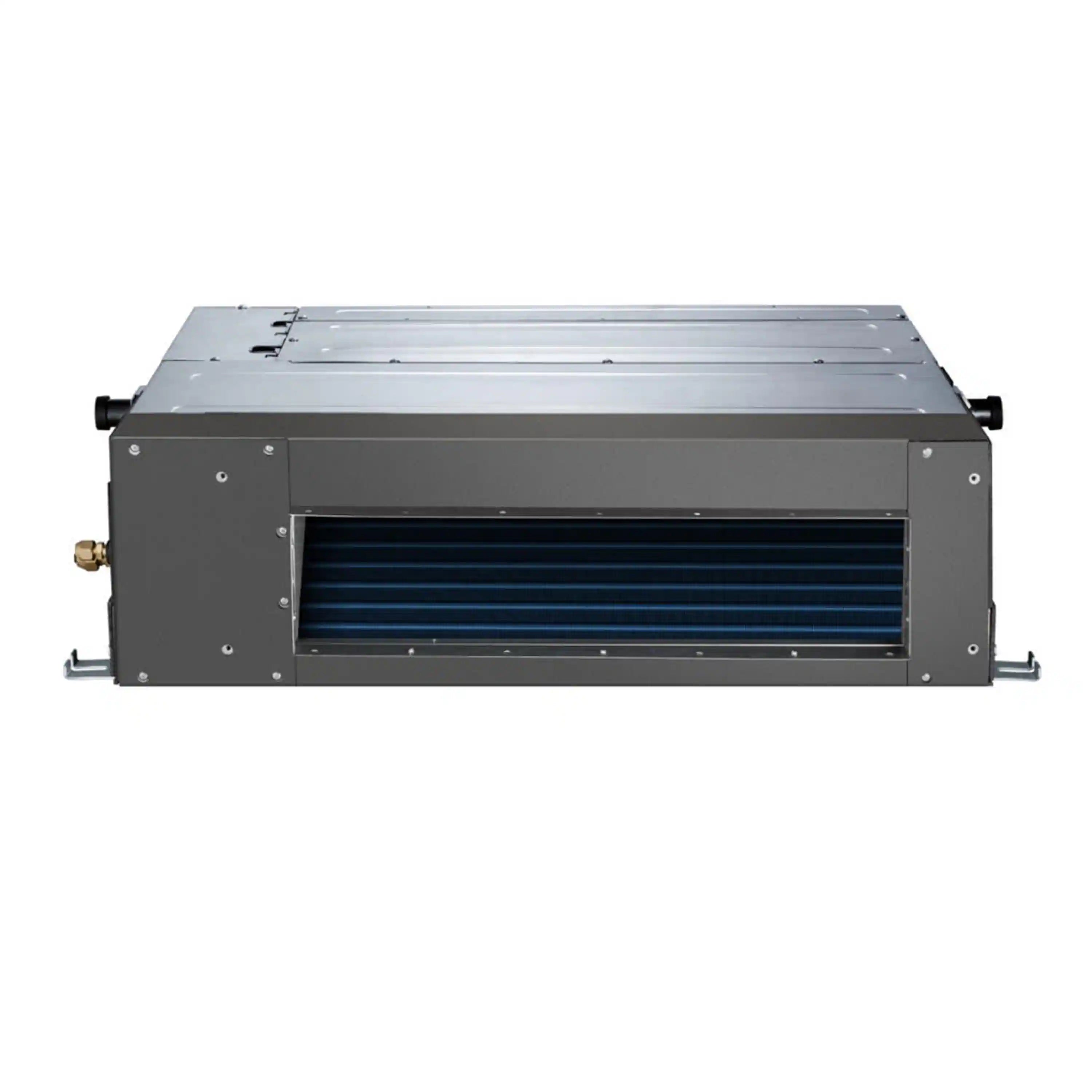 Concealed duct air handler unit with front grille and metal casing