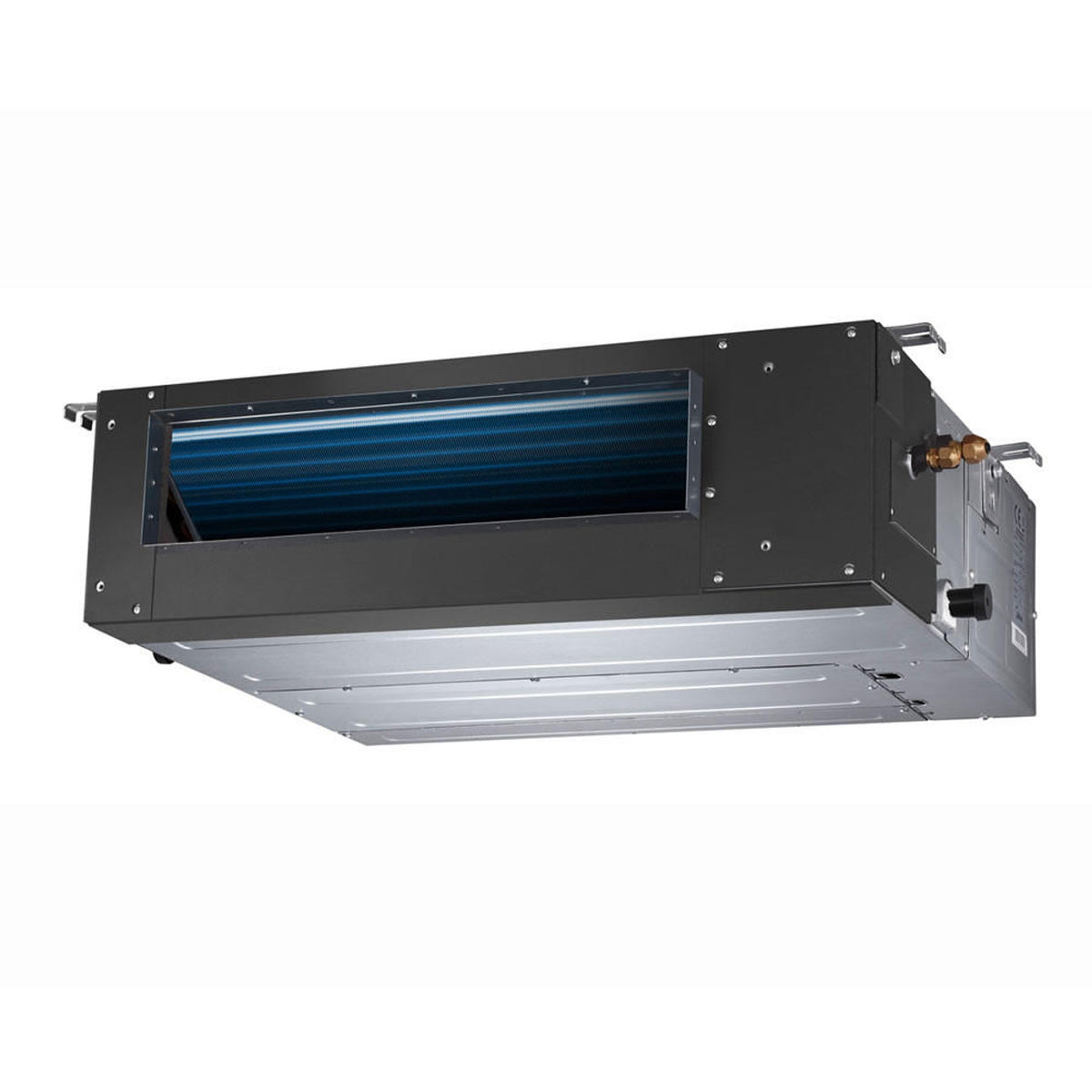 Black and silver concealed duct indoor air handler unit with blue filter grille