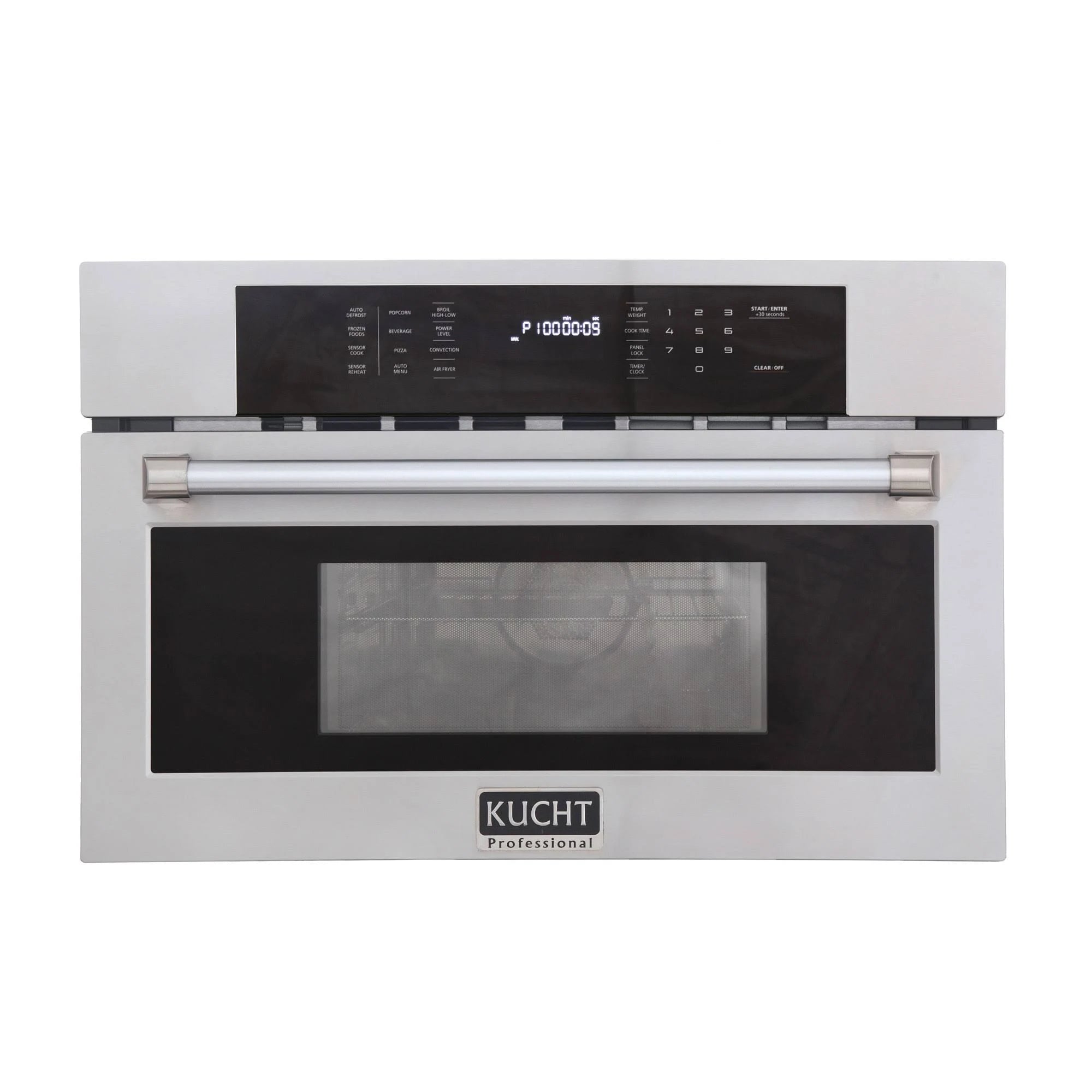 Stainless and black built-in microwave wall oven, digital control panel and handle bars