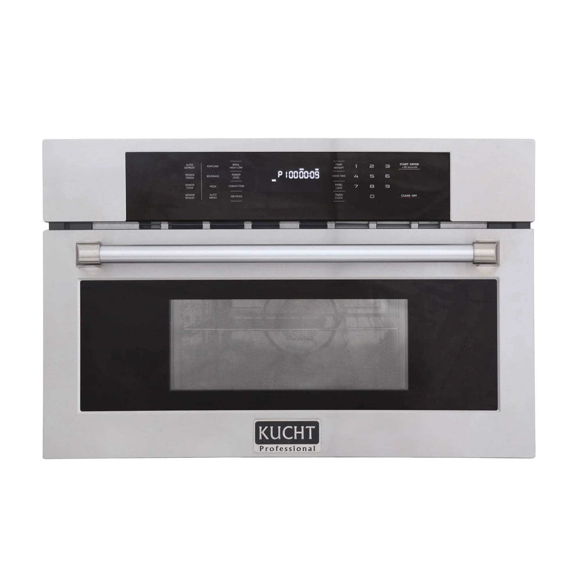 Stainless steel wall oven with black glass door and control panel