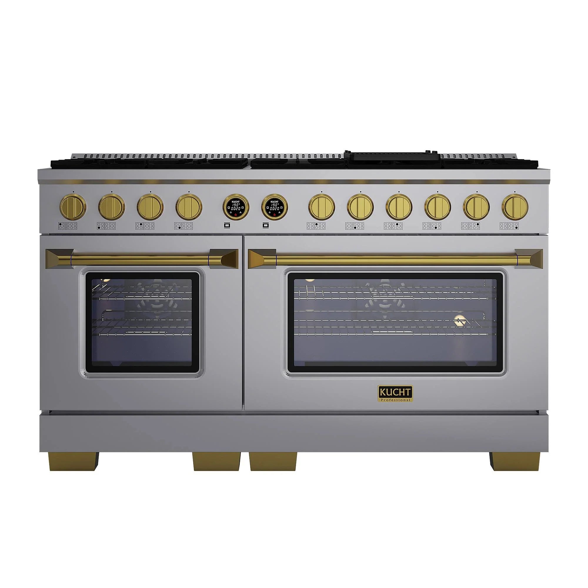 Stainless steel dual fuel range viewed from the front with gold control knobs and oven doors