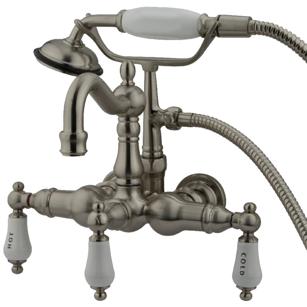 Brushed nickel wall-mount tub faucet with spout, two handles, and handheld sprayer hose