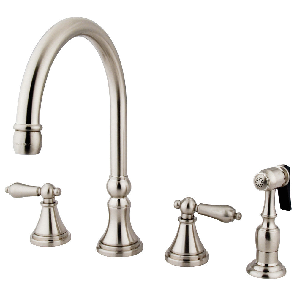 Brushed nickel widespread kitchen faucet with two handles and brass pull sprayer