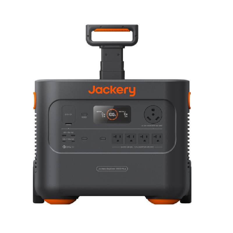 Jackery portable power station front panel with orange control display and outlets