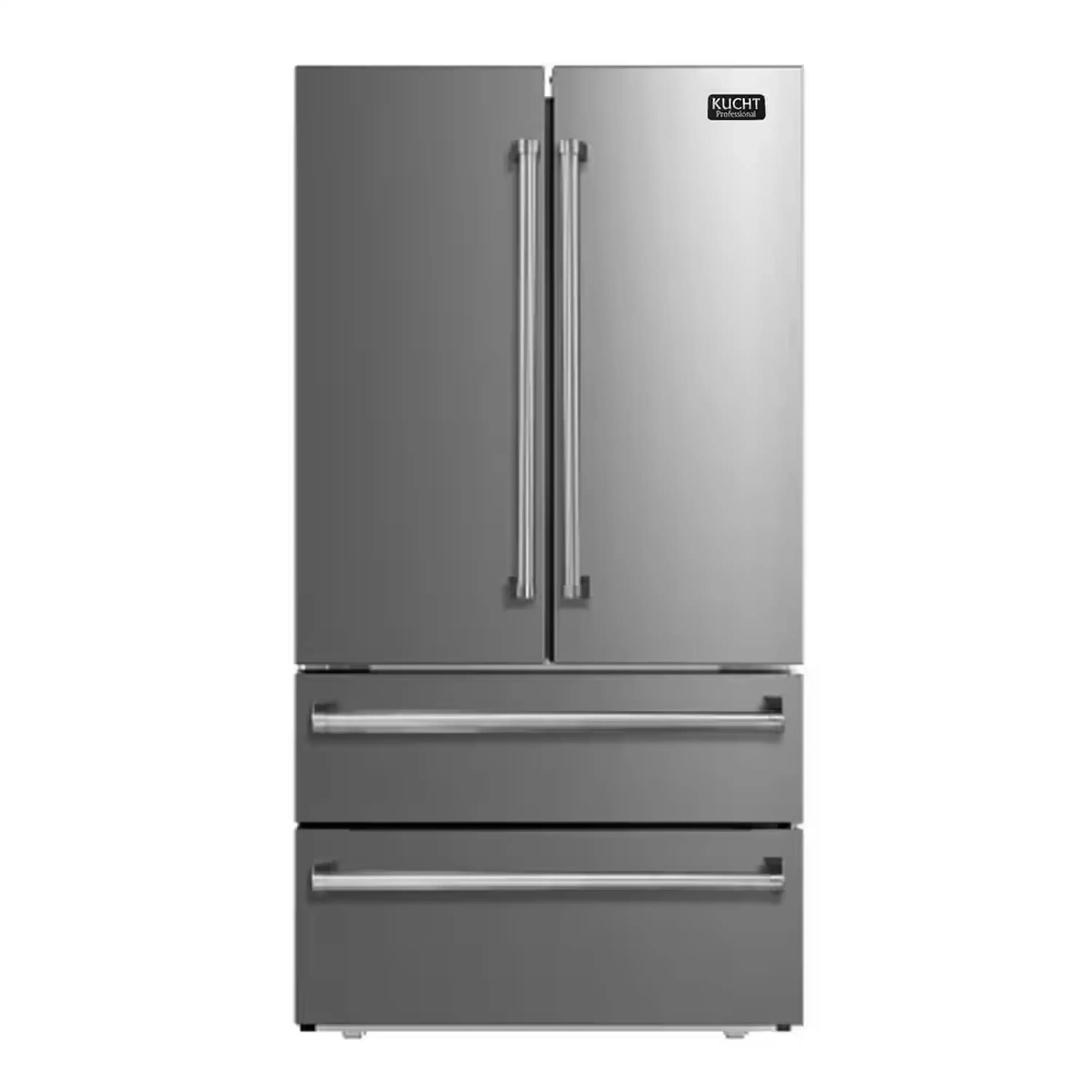 Stainless steel French door refrigerator with ice maker, top doors and bottom freezer drawer