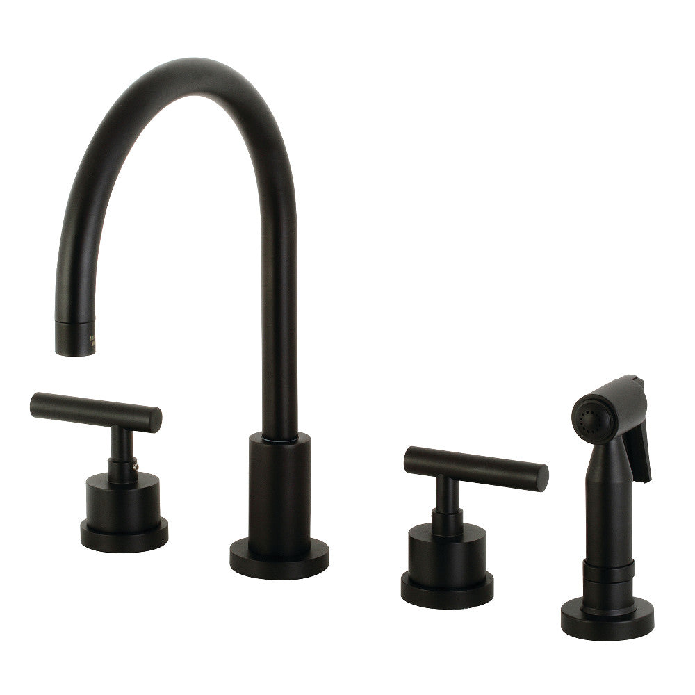 Matte black widespread kitchen faucet with curved spout, double handles, and sprayer