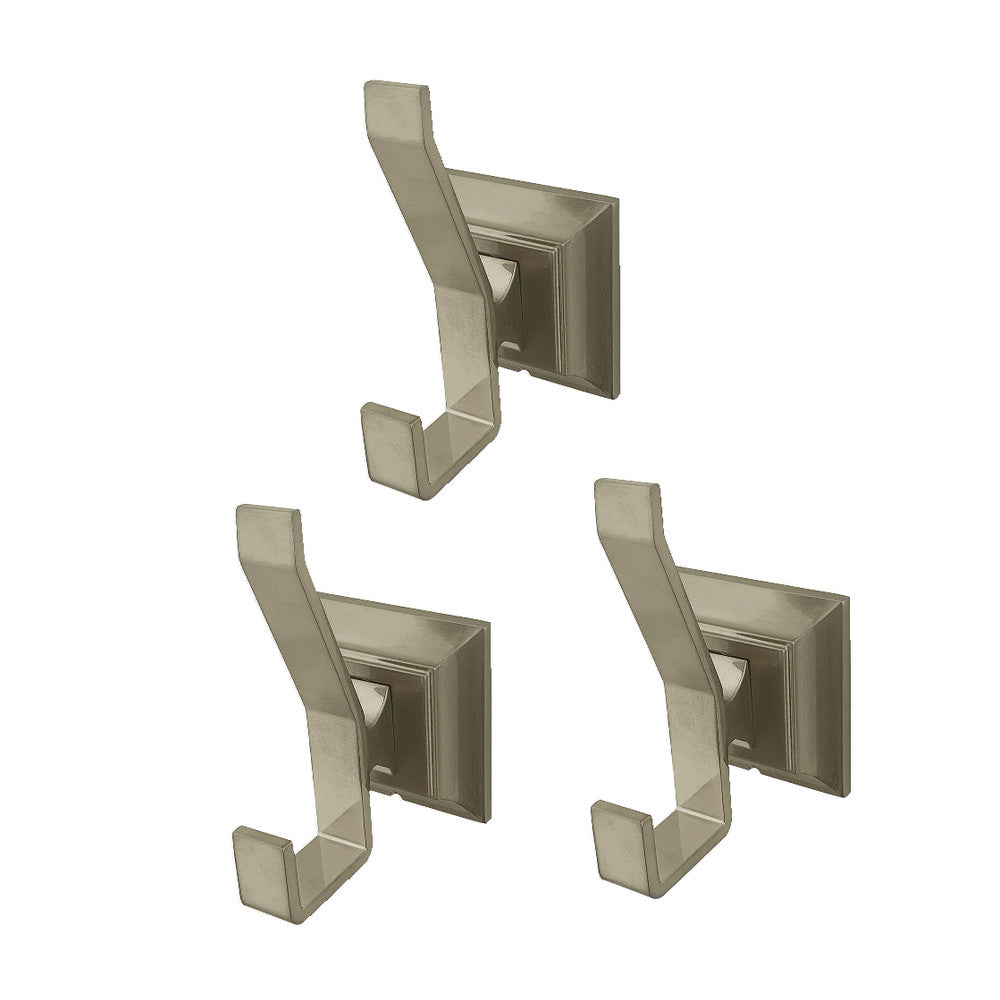 Brushed nickel 3-piece robe and towel hook set with rectangular backplates