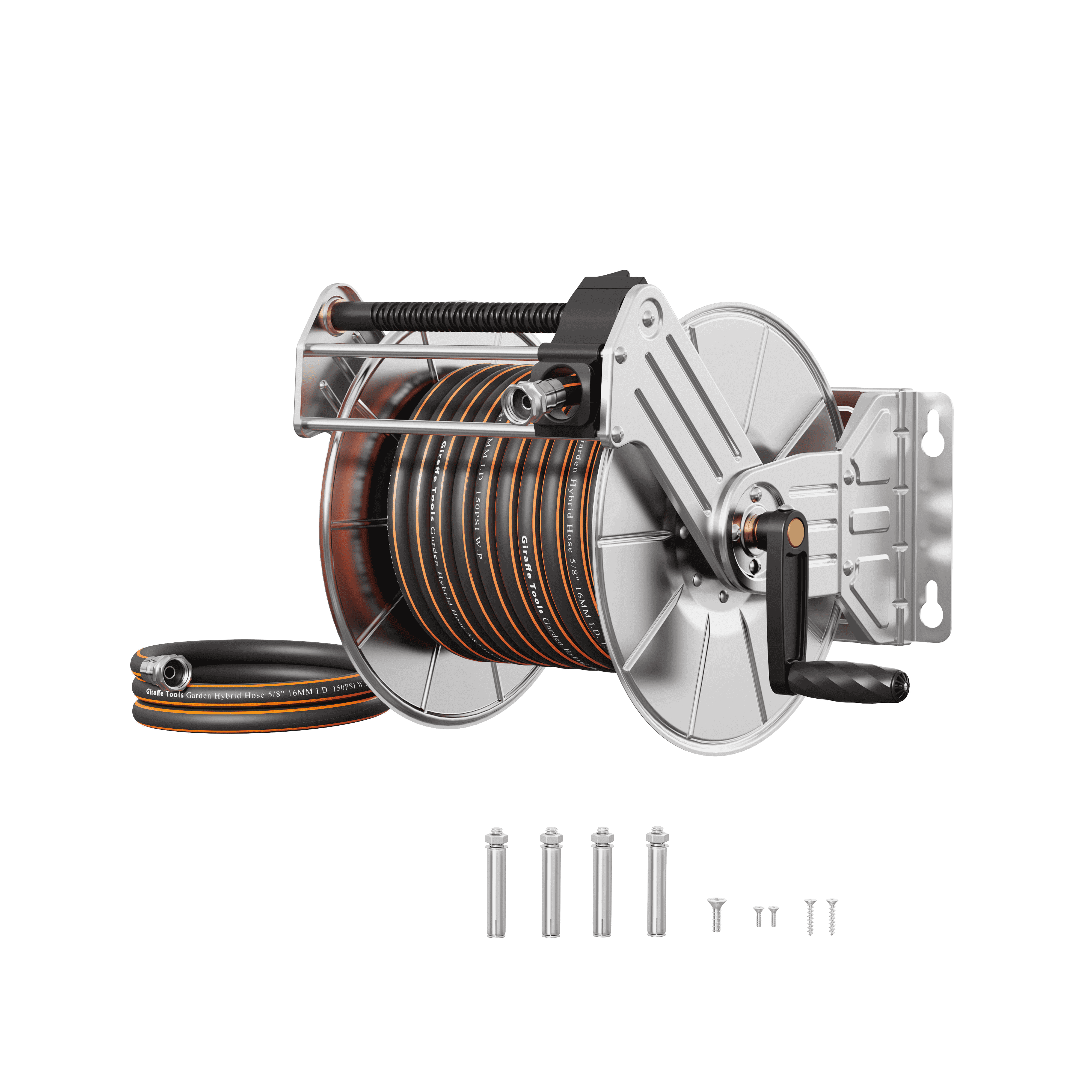 Stainless steel wall hose reel with coiled hose and included fittings