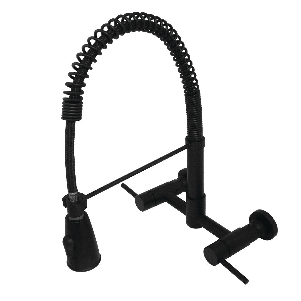 Matte black wall-mount pre-rinse faucet with spring hose and two handles