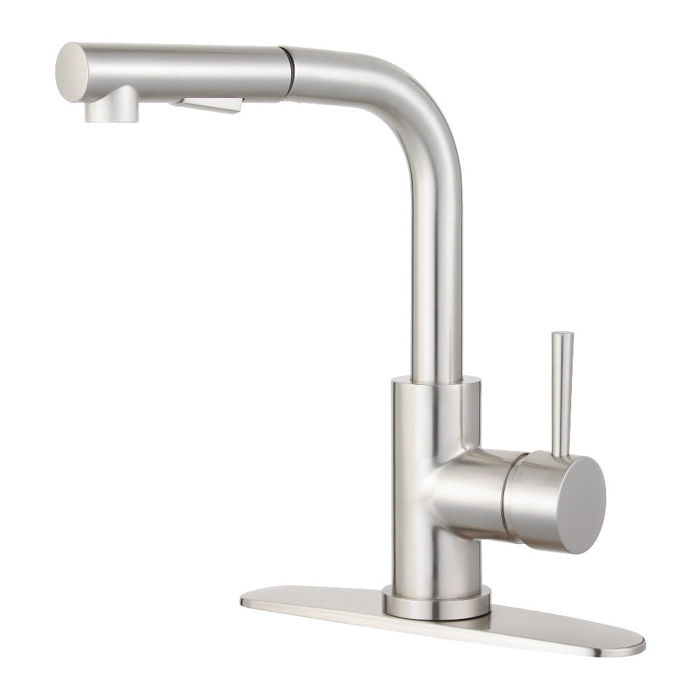 Brushed nickel single-handle pull-out kitchen faucet with pull-down sprayer