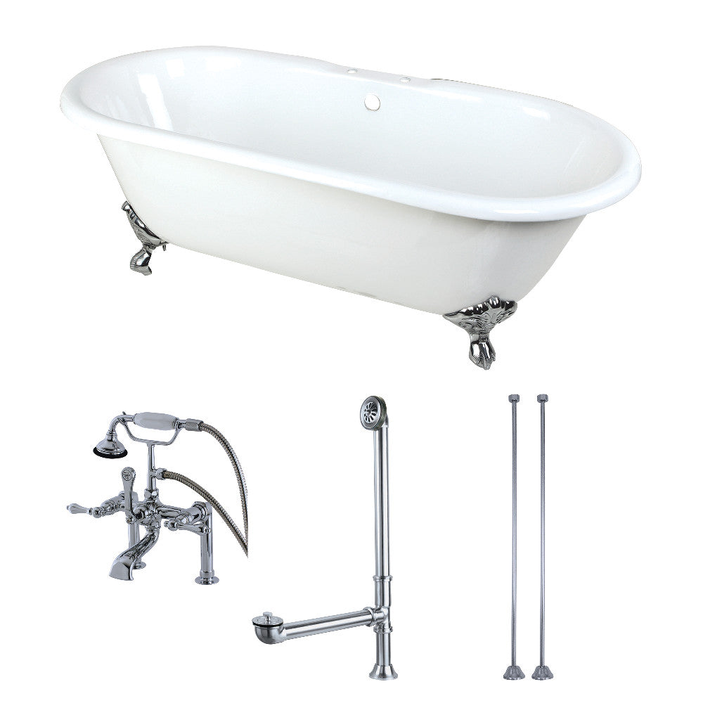 White oval clawfoot cast iron tub with chrome faucet, drain, and supply lines