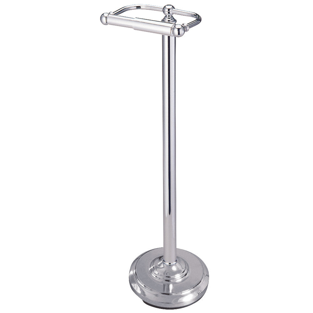 Freestanding toilet paper holder in polished chrome with round weighted base and top bar