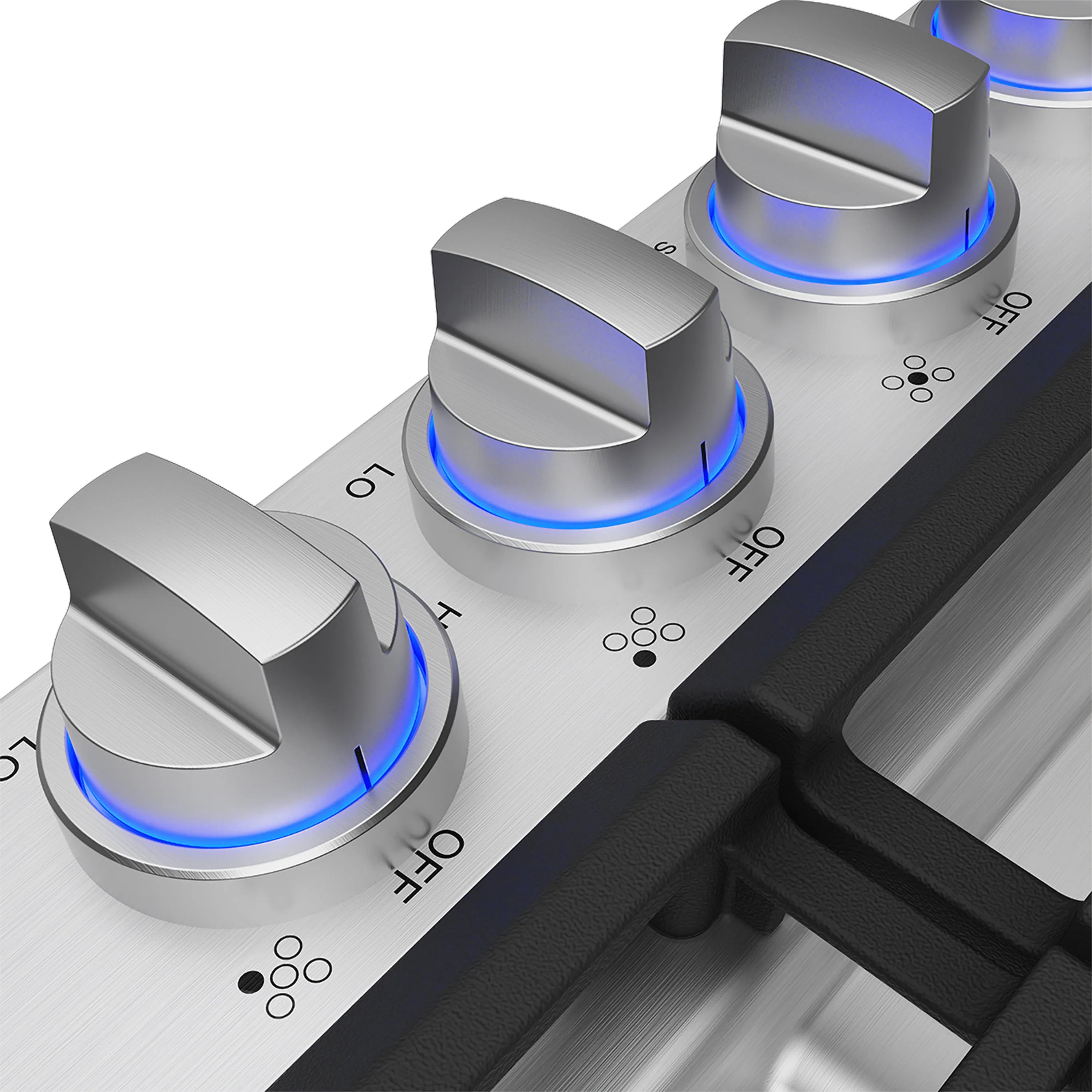 Stainless steel gas cooktop knobs with blue flame indicators and control markings