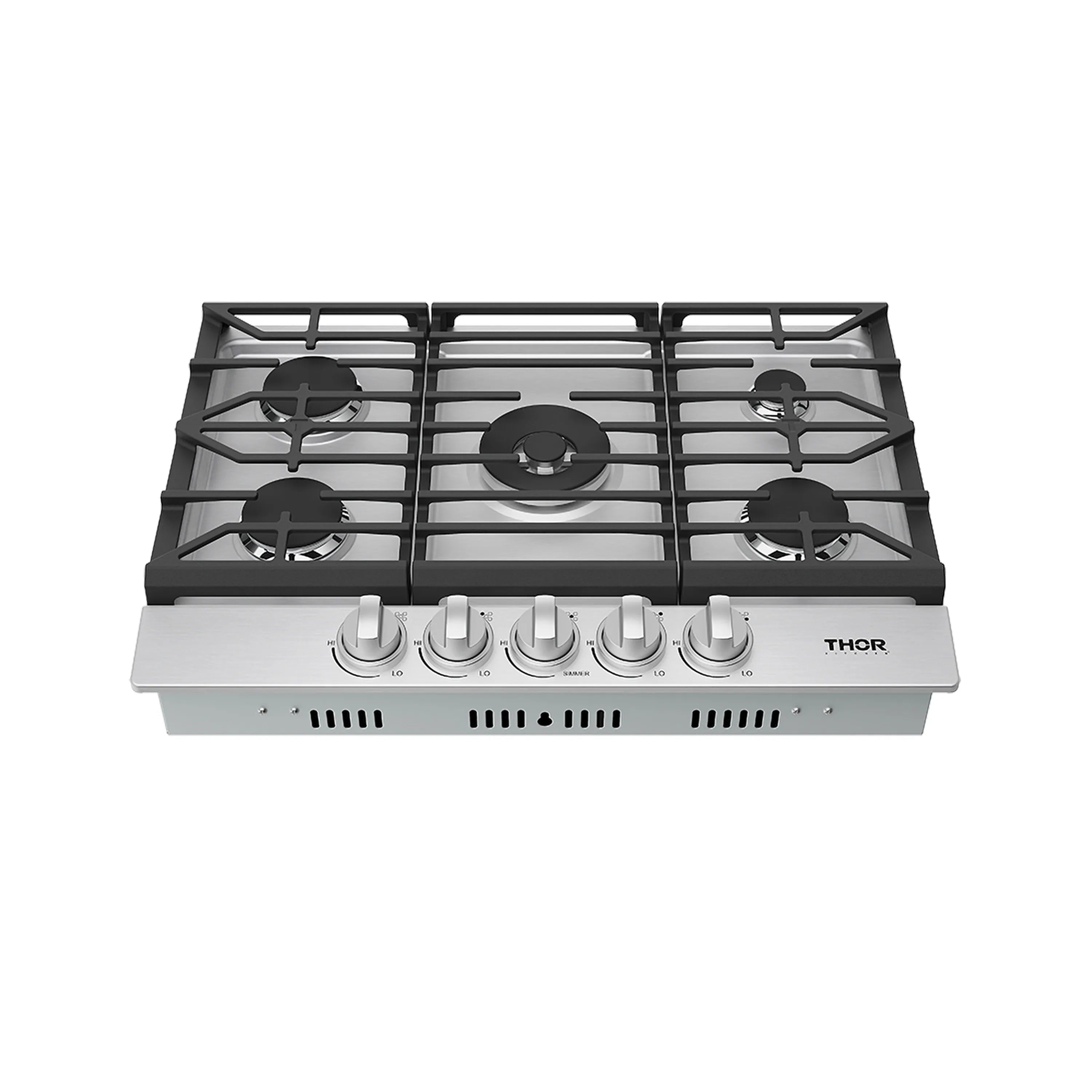 Five-burner gas cooktop with black grates and stainless front knobs and THOR logo