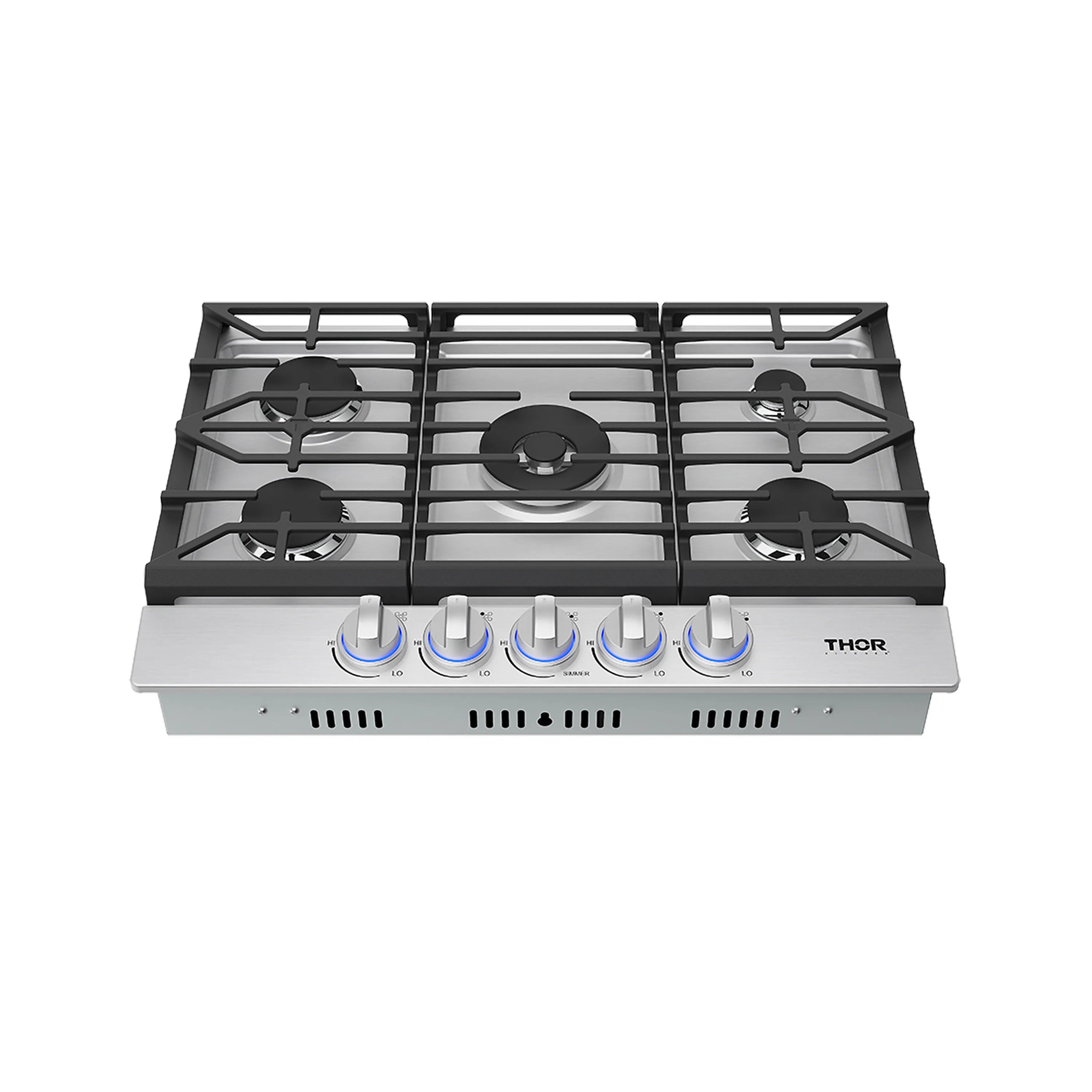 Five-burner gas cooktop with black grates and stainless knobs with blue indicator lights