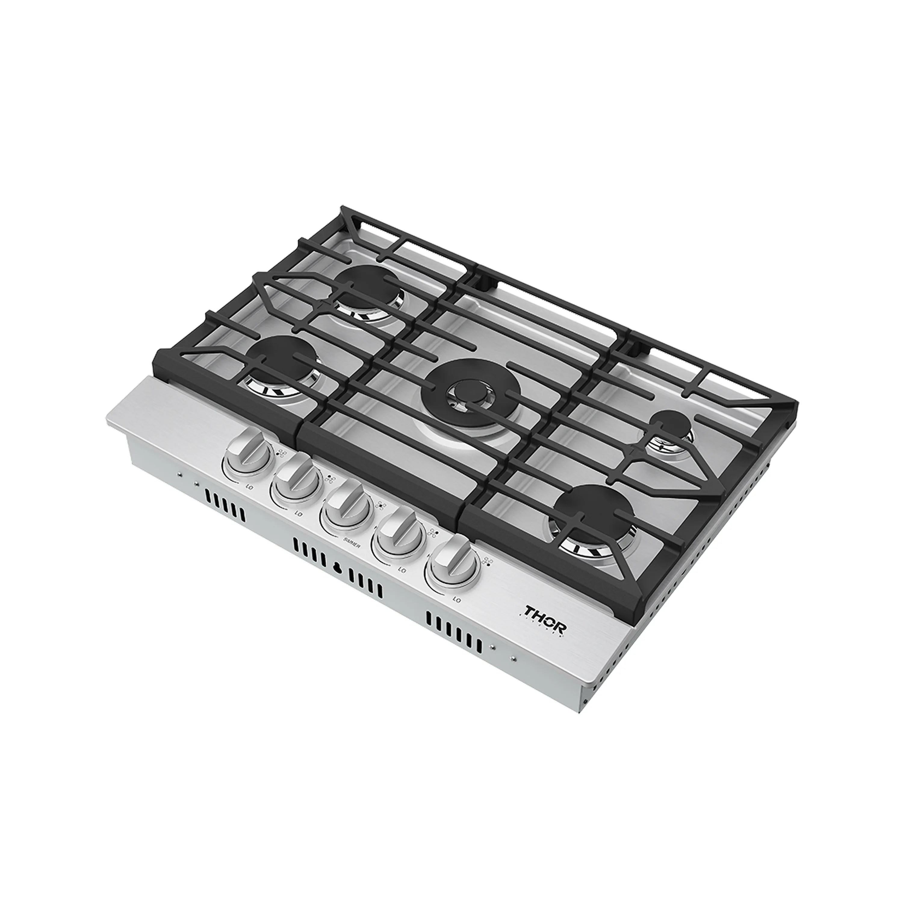 Angled five-burner gas cooktop with black cast-iron grates and stainless control knobs