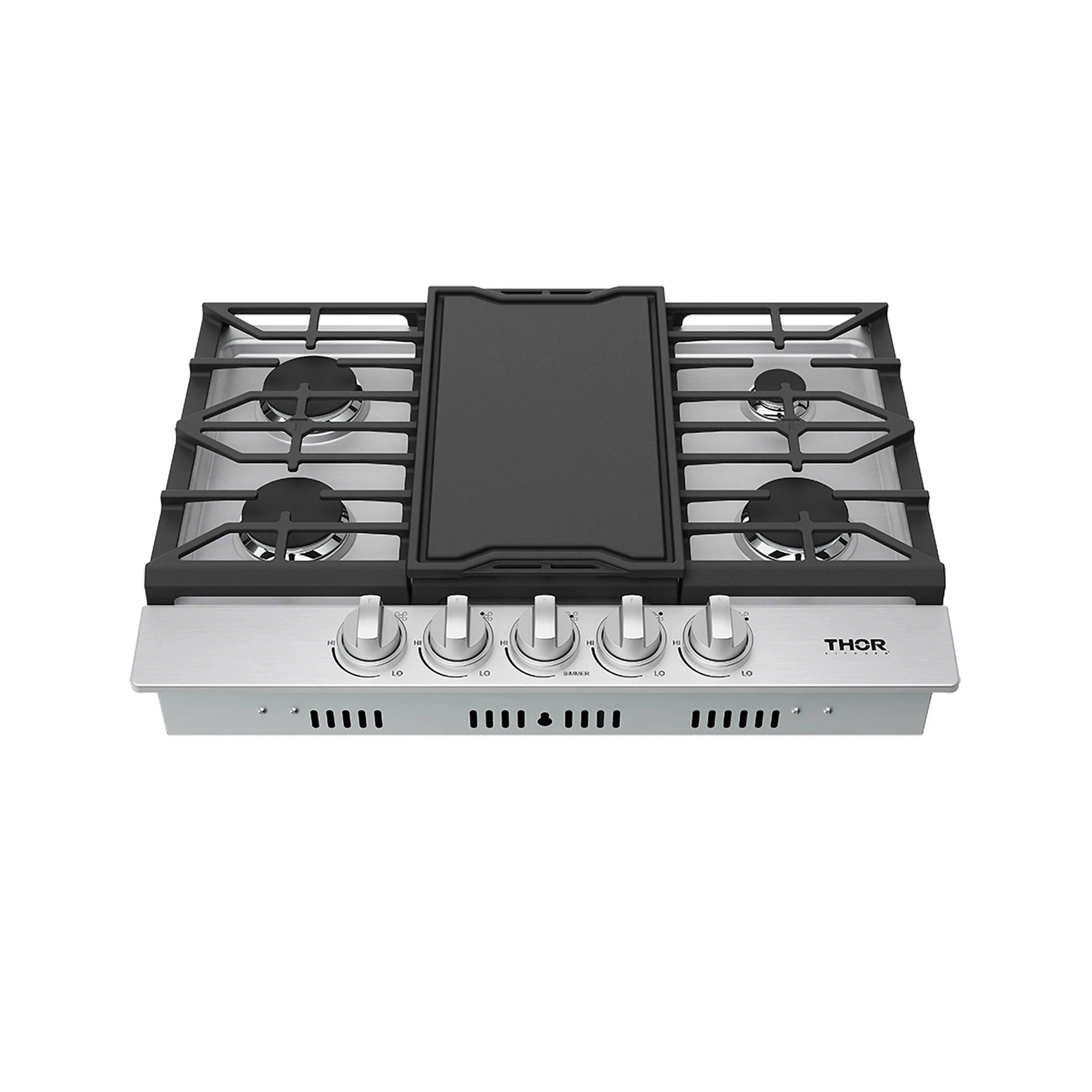 Stainless steel natural gas cooktop with black griddle and four burners