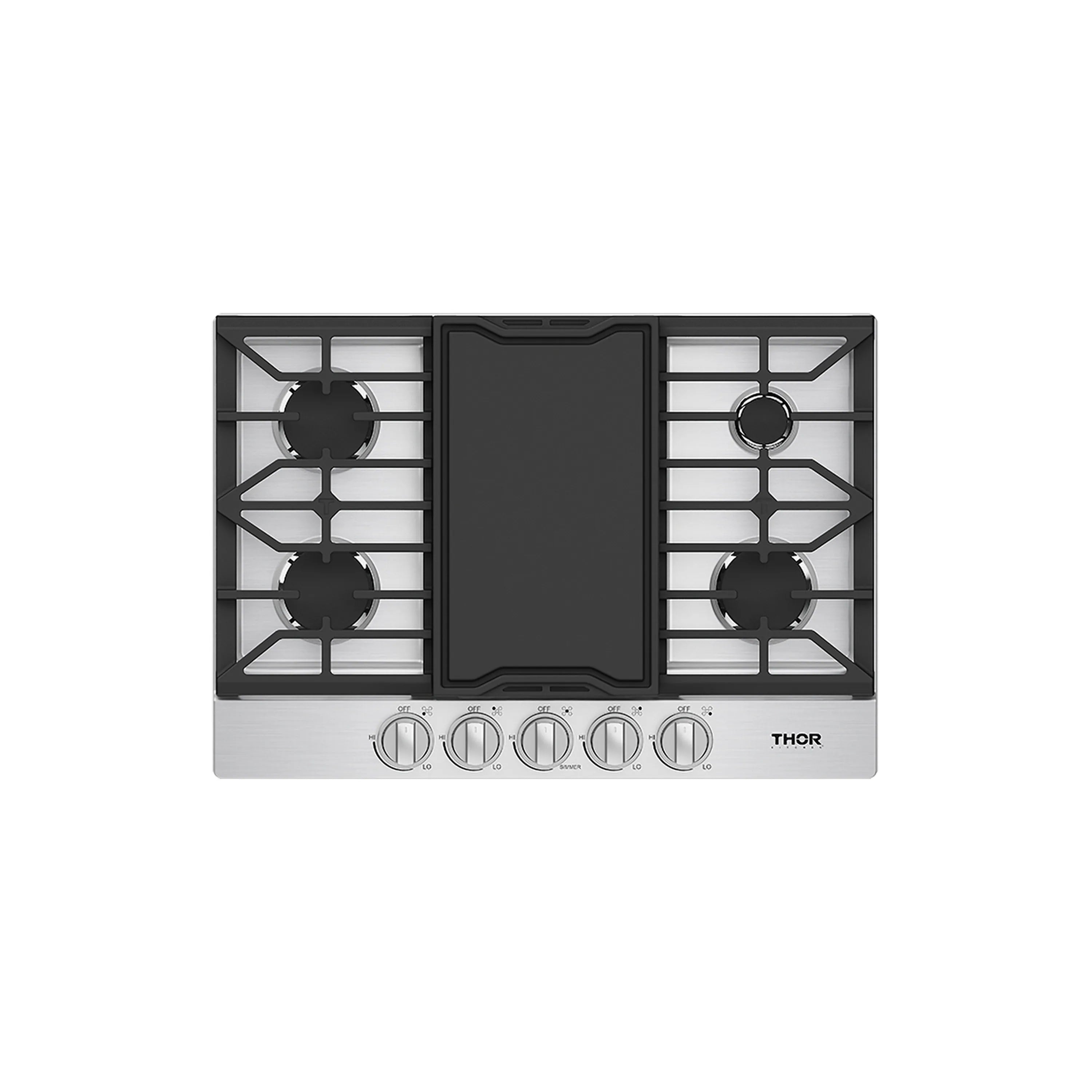 Stainless steel natural gas cooktop with black griddle inset and five control knobs