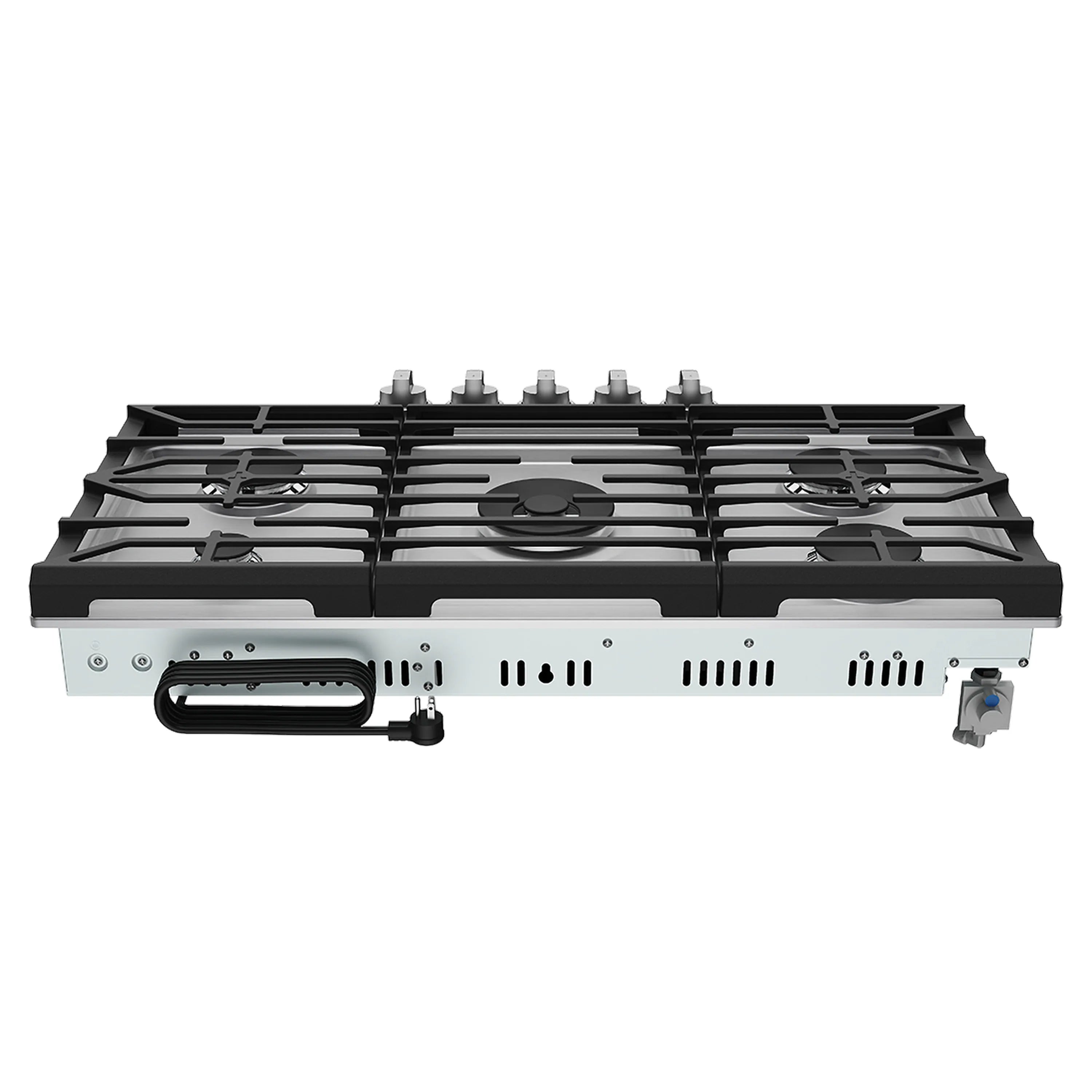 Gas cooktop back edge with controls, ignition ports, and stainless vented panel.