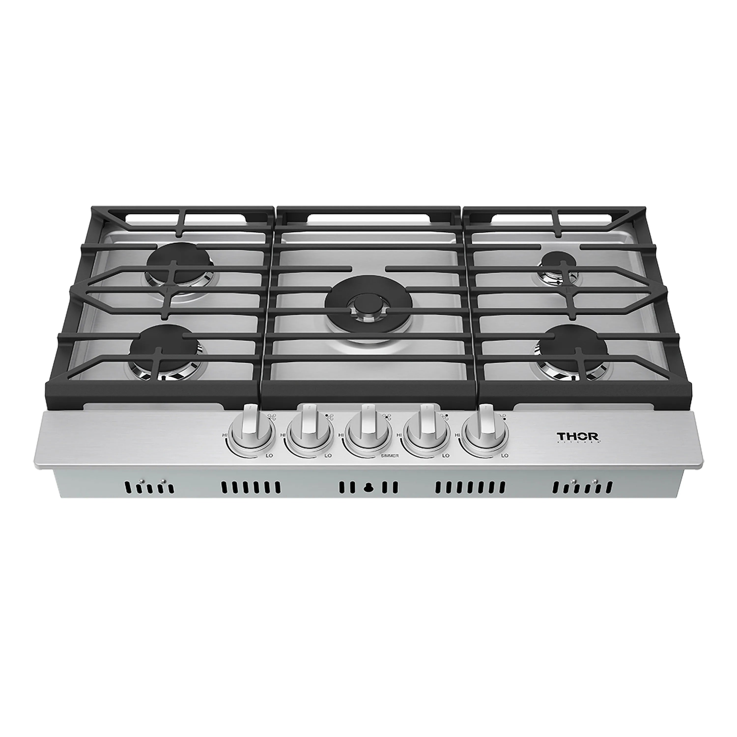 Stainless gas cooktop with five burners and black burner grates plus front knobs.