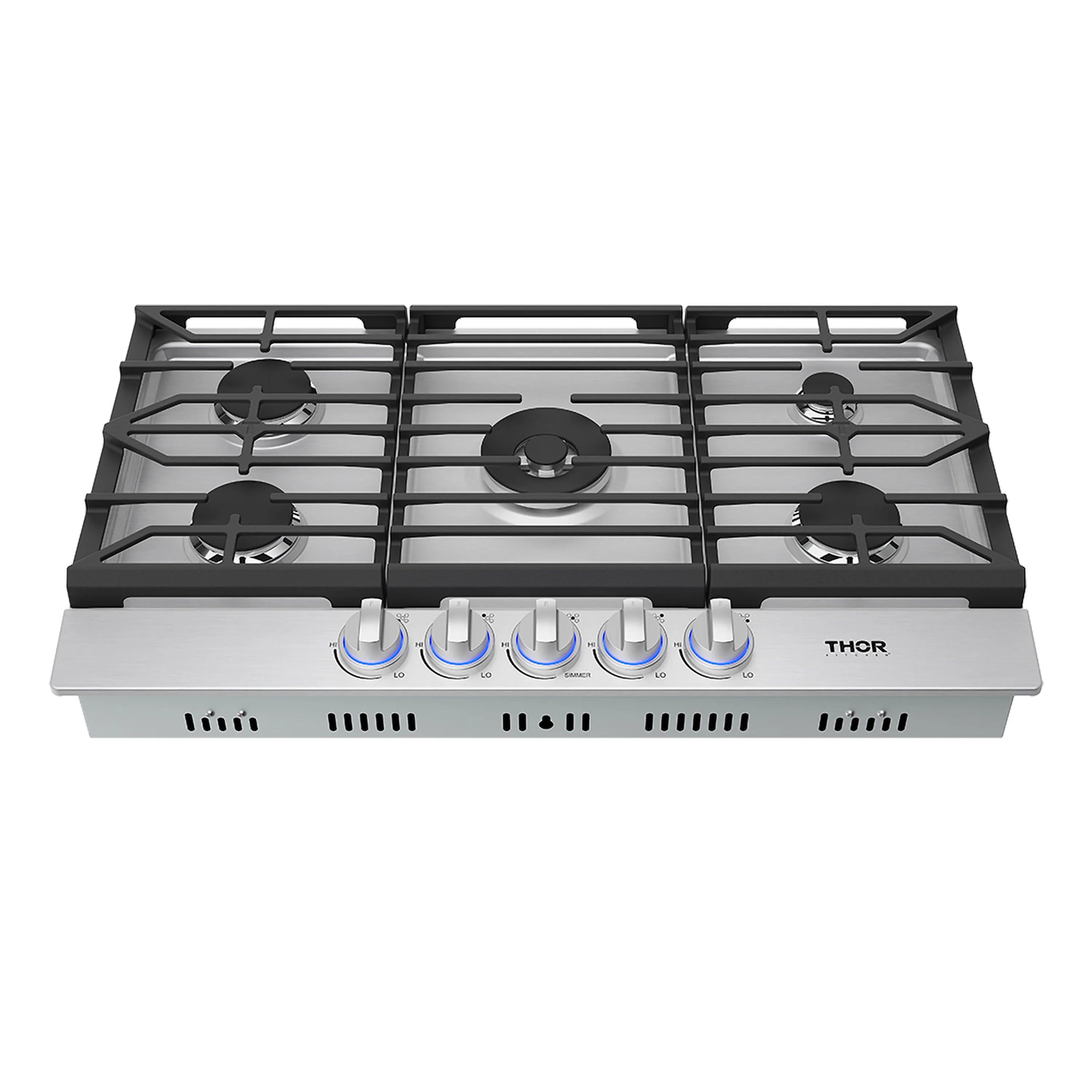 Stainless gas cooktop with five burners; burner flames show blue accents; front knobs.