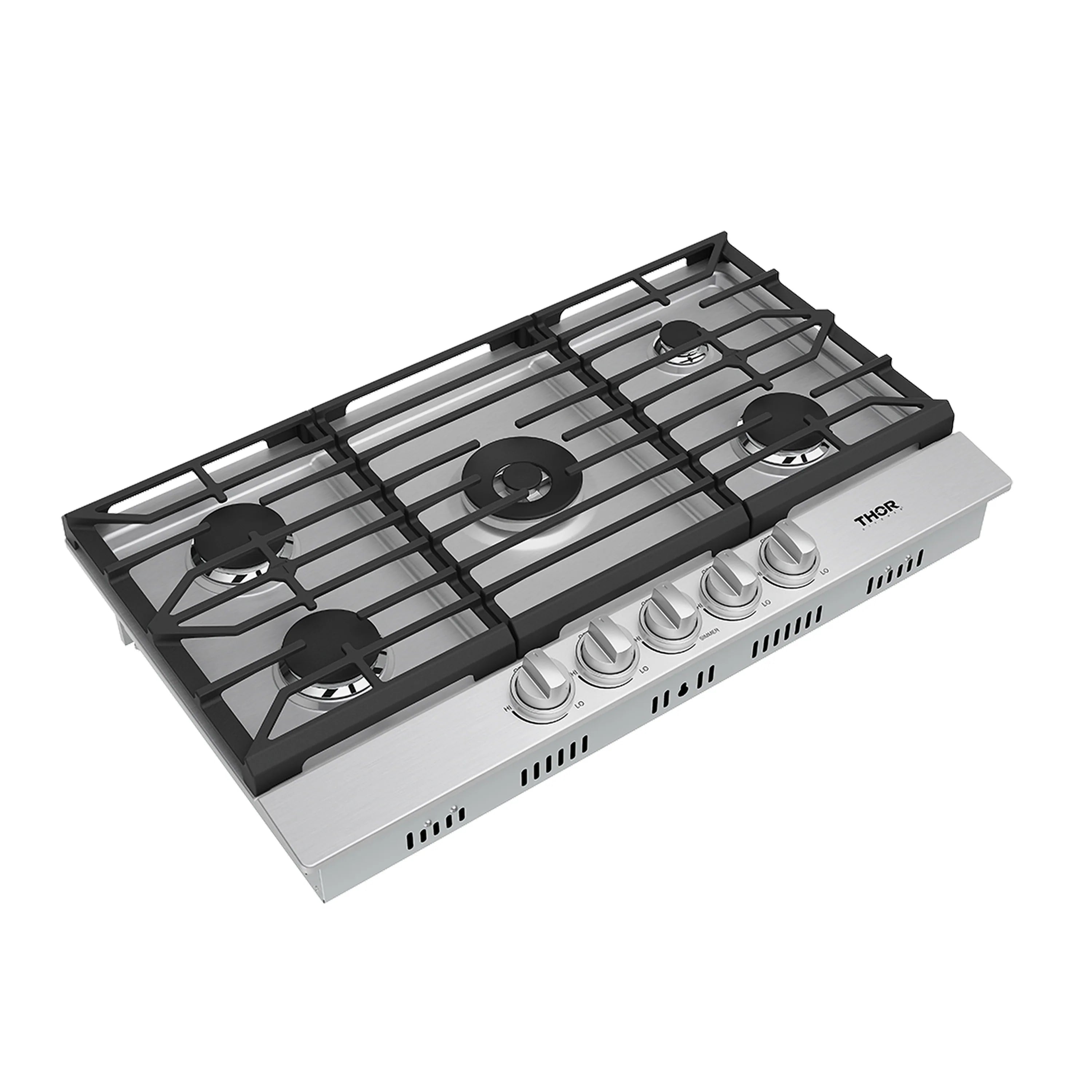 Stainless gas cooktop with five burners, black grates, and front control knobs.