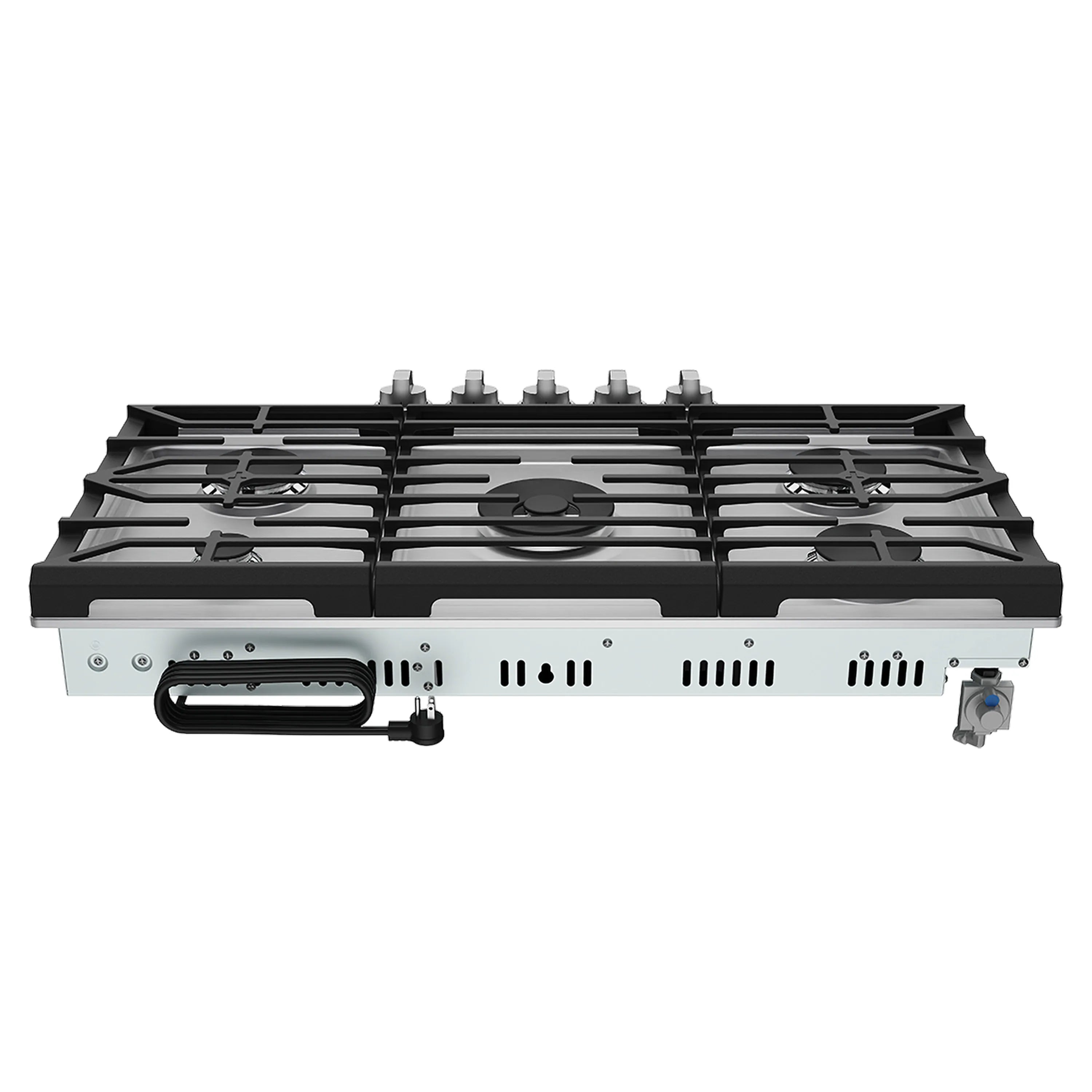 Side view of stainless gas cooktop showing five burners, black grates, and control panel.