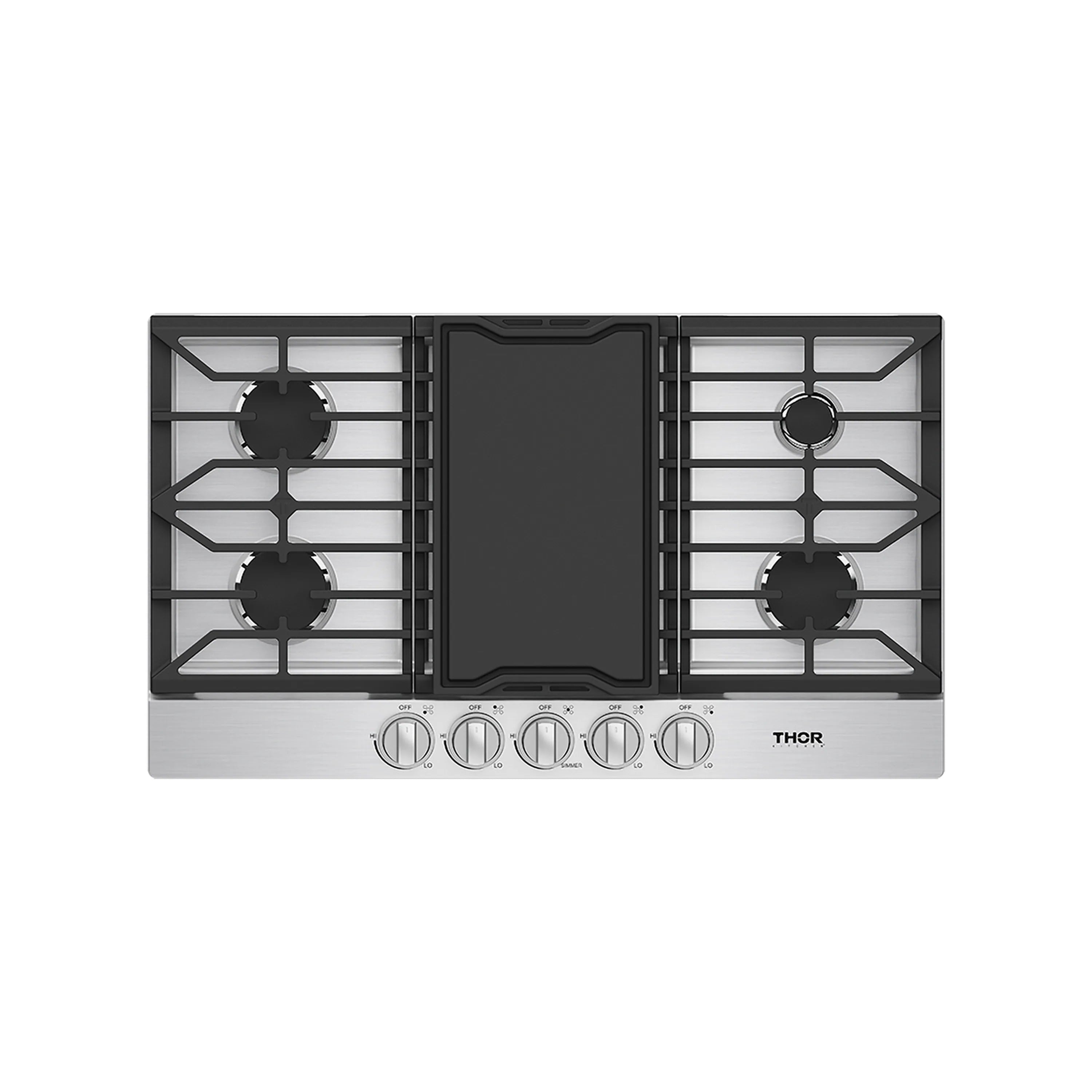 Stainless steel gas cooktop with black grates, central griddle, and front knobs
