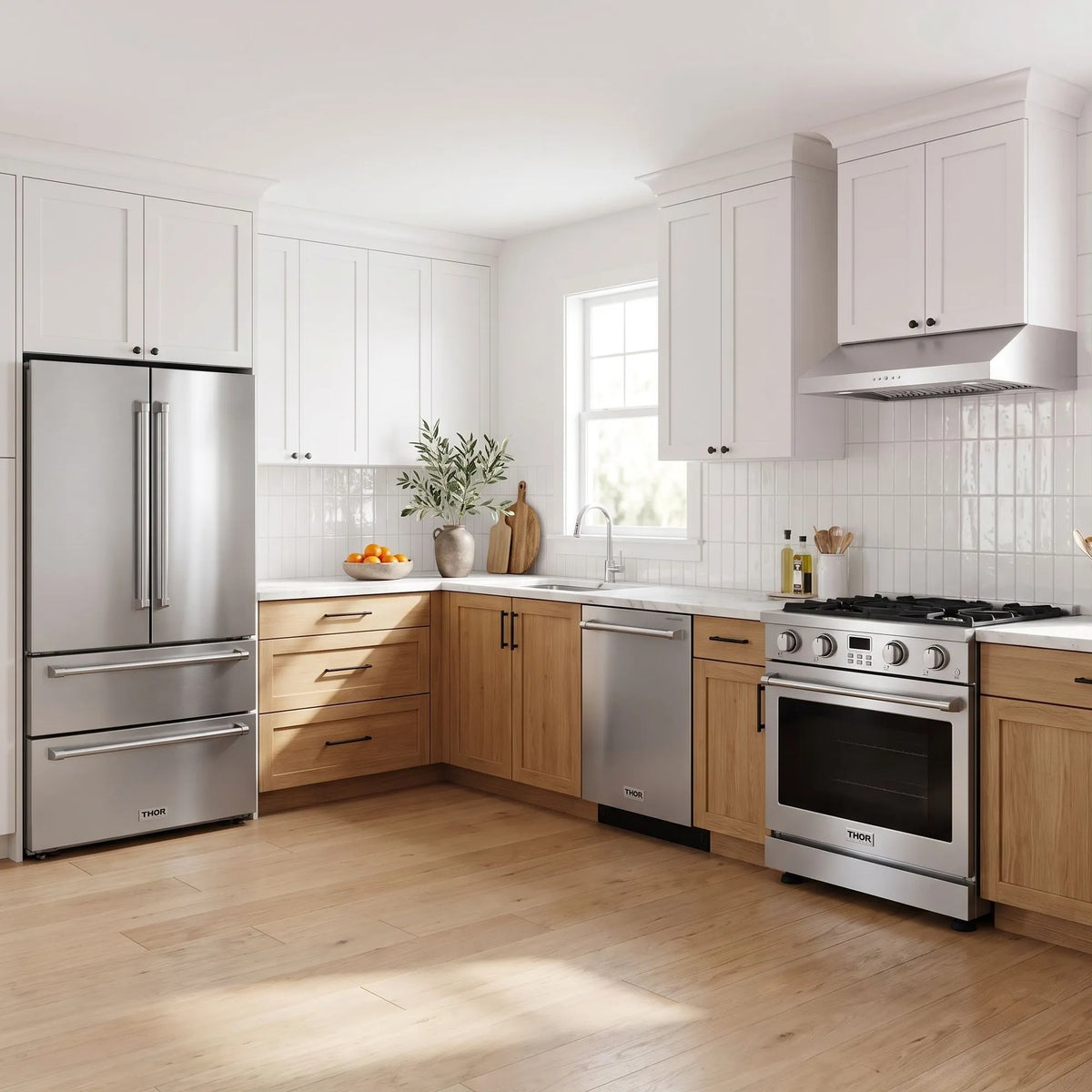 Thor Kitchen A-Series stainless steel kitchen with a 30-inch gas range, under-cabinet hood, French door refrigerator, dishwasher