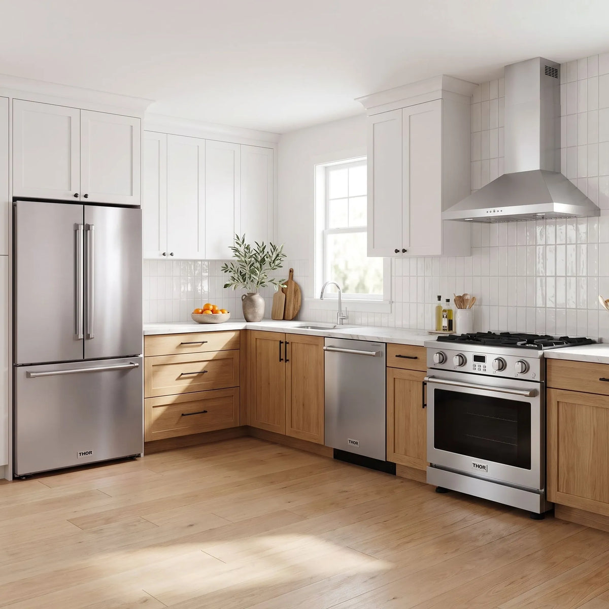 Thor Kitchen A-Series stainless steel kitchen with a 30-inch gas range, wall-mount chimney hood, French door refrigerator, dishwasher