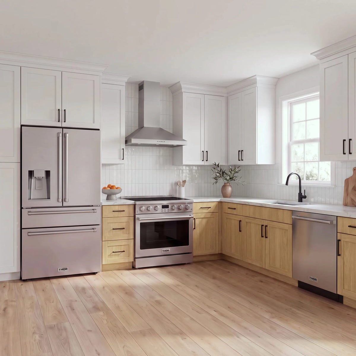 Thor Kitchen A-Series stainless steel kitchen with a 36-inch electric range, wall-mount chimney hood, French door refrigerator, dishwasher