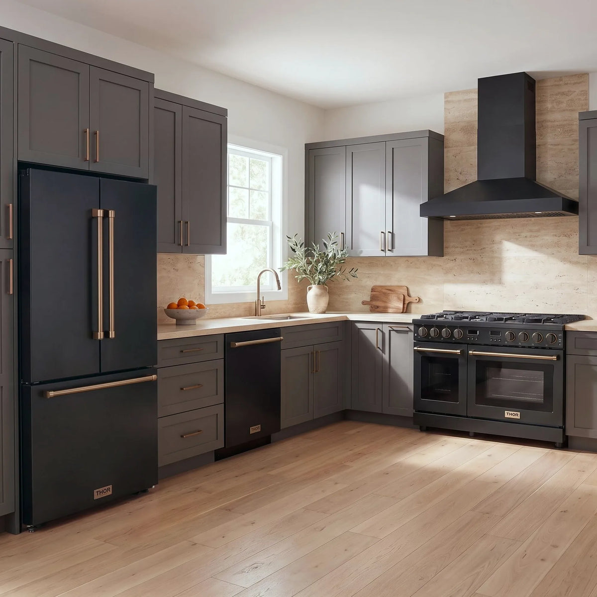 Thor Kitchen A-Series black and bronze kitchen with a 48-inch gas range, wall-mount chimney hood, French door refrigerator, dishwasher