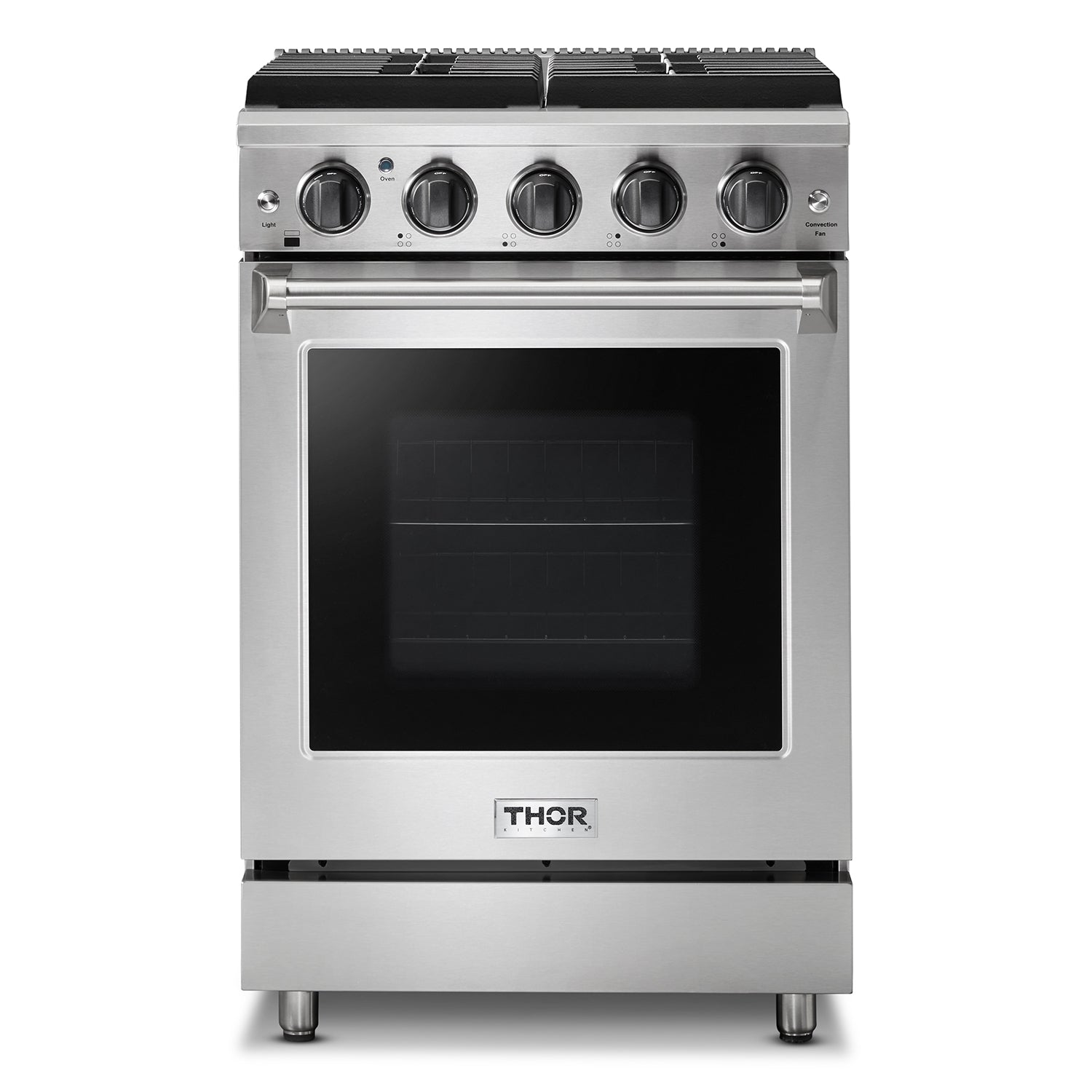 Stainless steel 24-inch propane gas range with four burners and oven door window