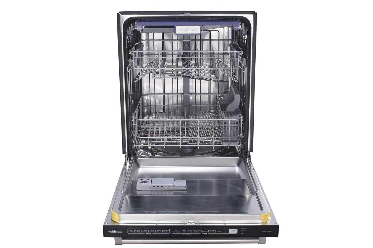 Stainless steel dishwasher door open with wire racks and utensil compartment visible