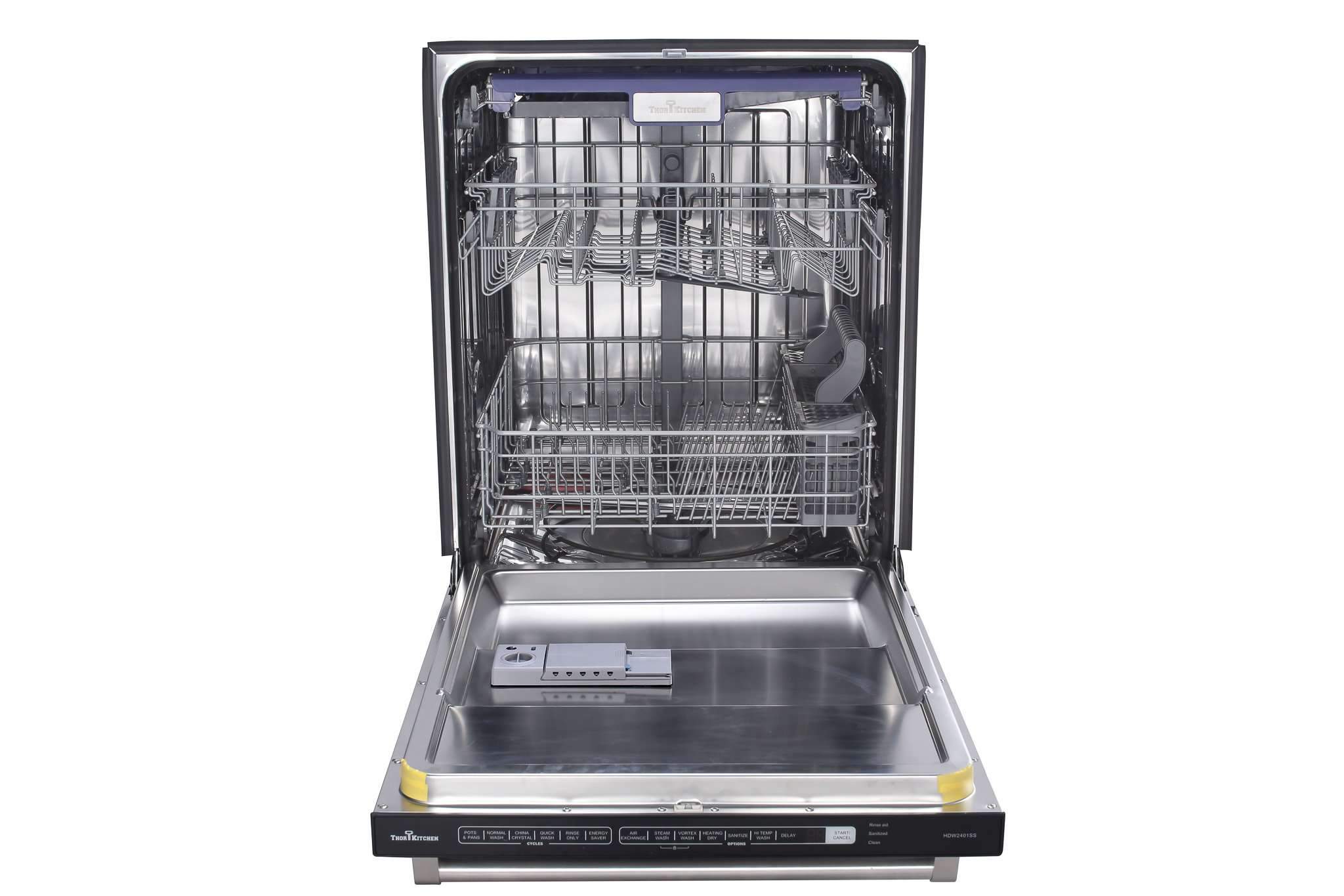 Open stainless dishwasher tub with upper and lower racks, front view.