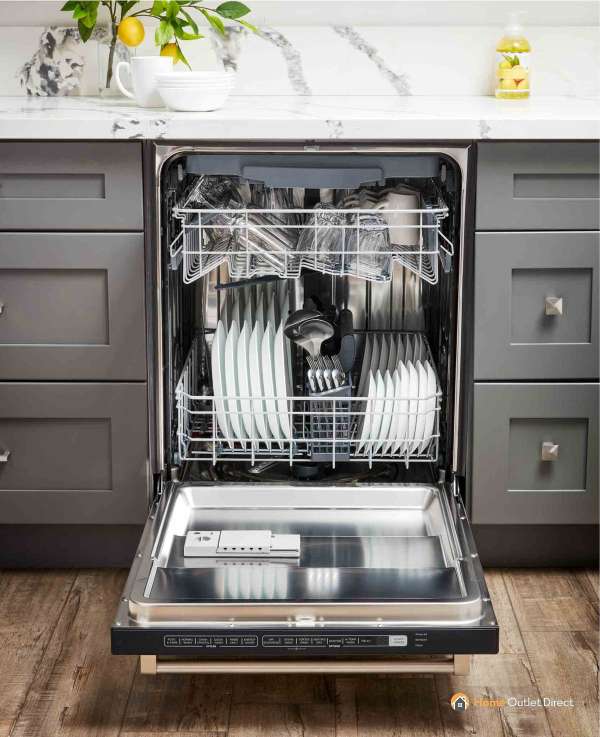 Built-in stainless steel dishwasher with interior racks visible through open door