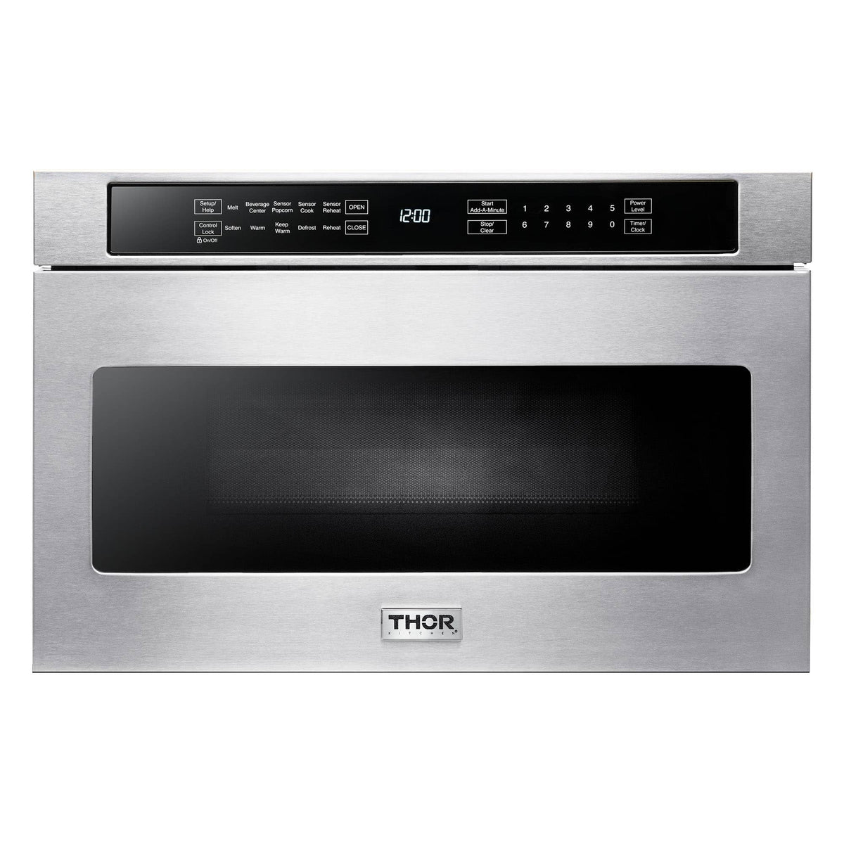 Stainless steel microwave drawer with black glass door and control panel